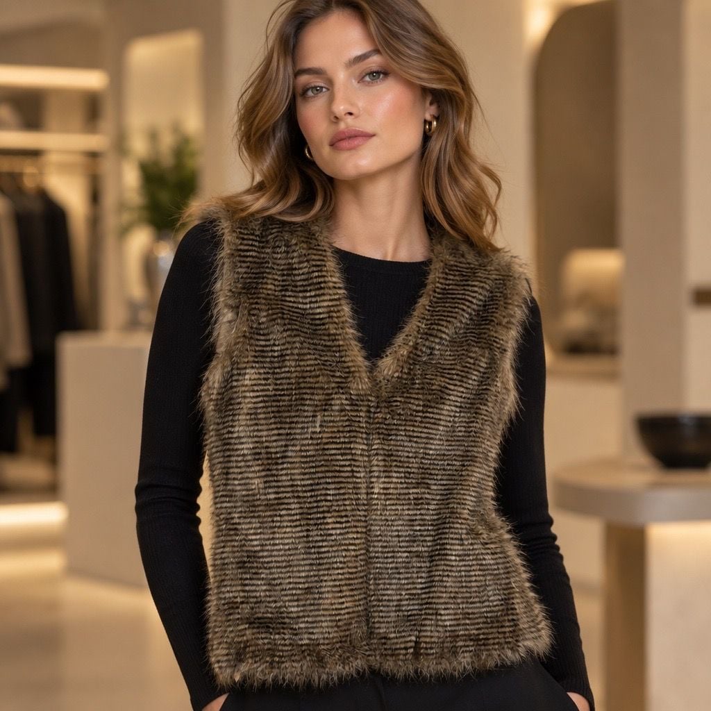 Faux Fur Vest Size L Brown Striped Sleeveless Open Front 2