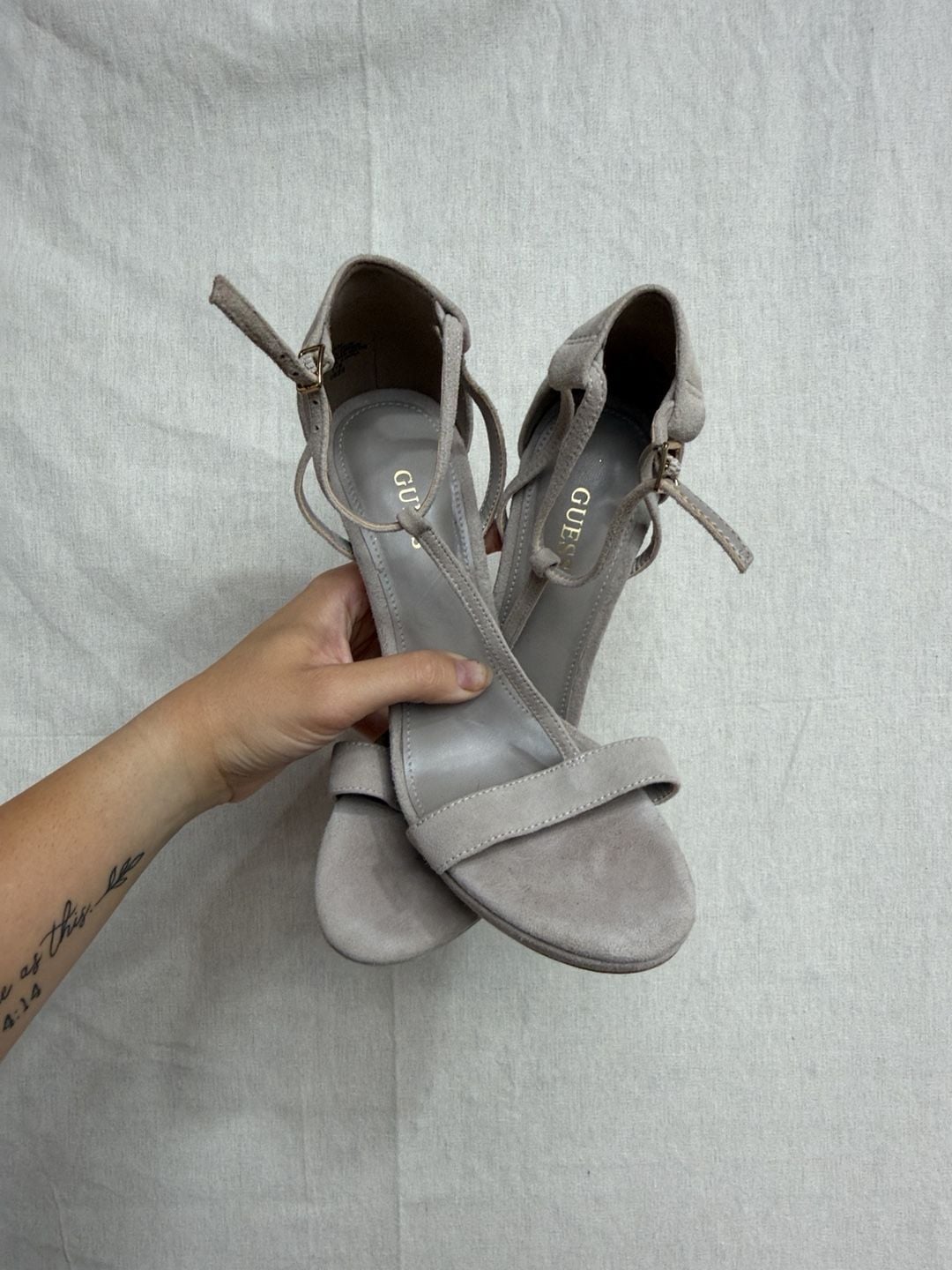 Guess T-Strap High Heel Sandals Size 8M Grey Suede 7