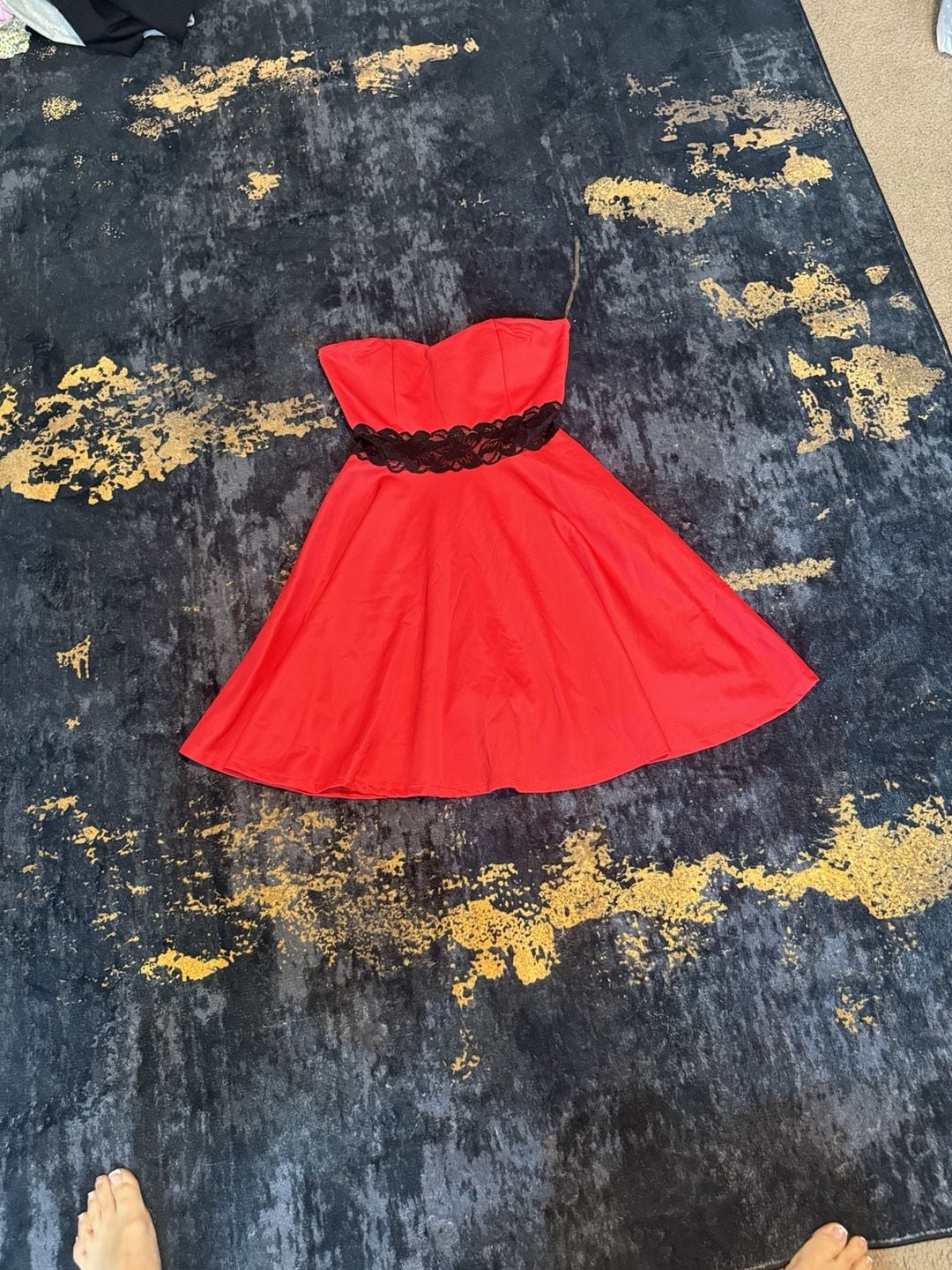 Red And Black Lace Strapless Cocktail Dress 2