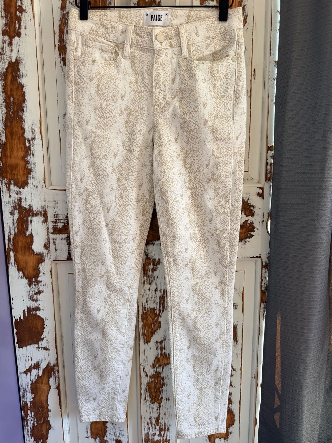 Paige Women’s Hoxton Ankle Skinny Jeans Size 26 Beige Snake Western Quiet Luxury 2