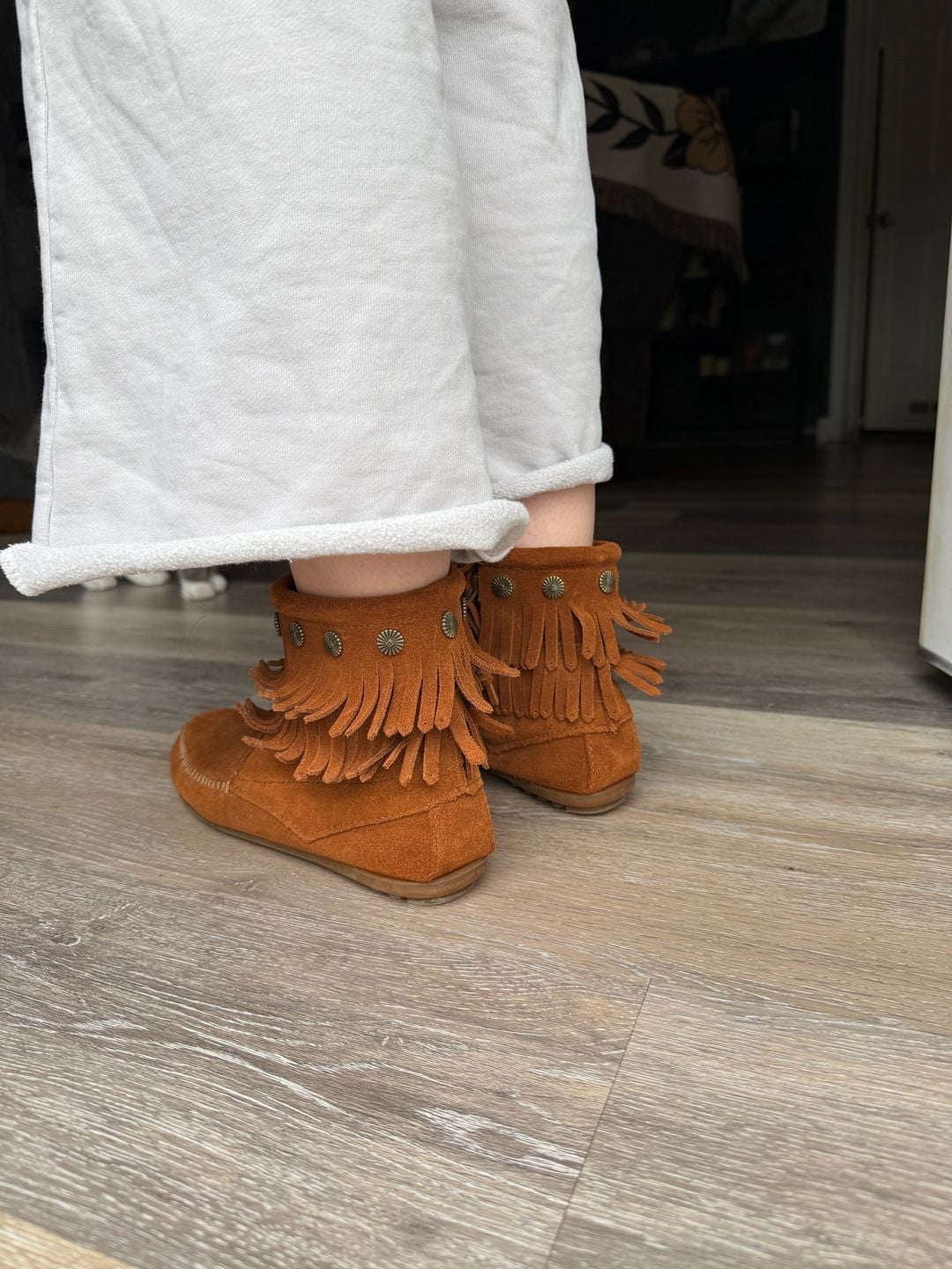 Minnetonka Brown Double Fringe Side Zip Brown Soft Suede Ankle Boot Size 8 3