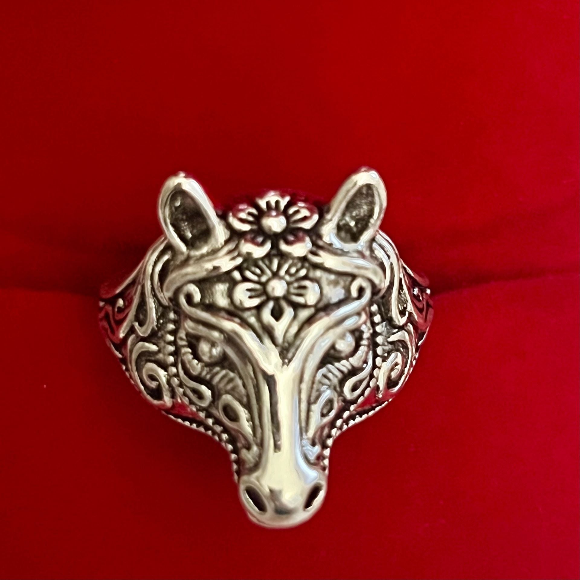 Vintage Design Titanium Steel Silver Horse Floral Head Ring Size 9 2