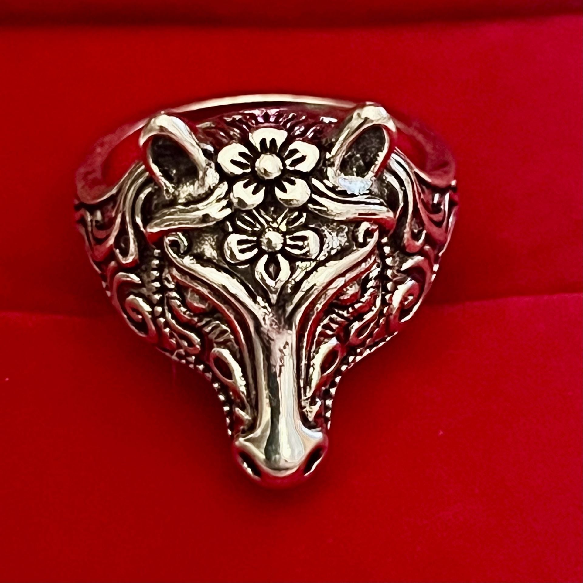Vintage Design Titanium Steel Silver Horse Floral Head Ring Size 9 3
