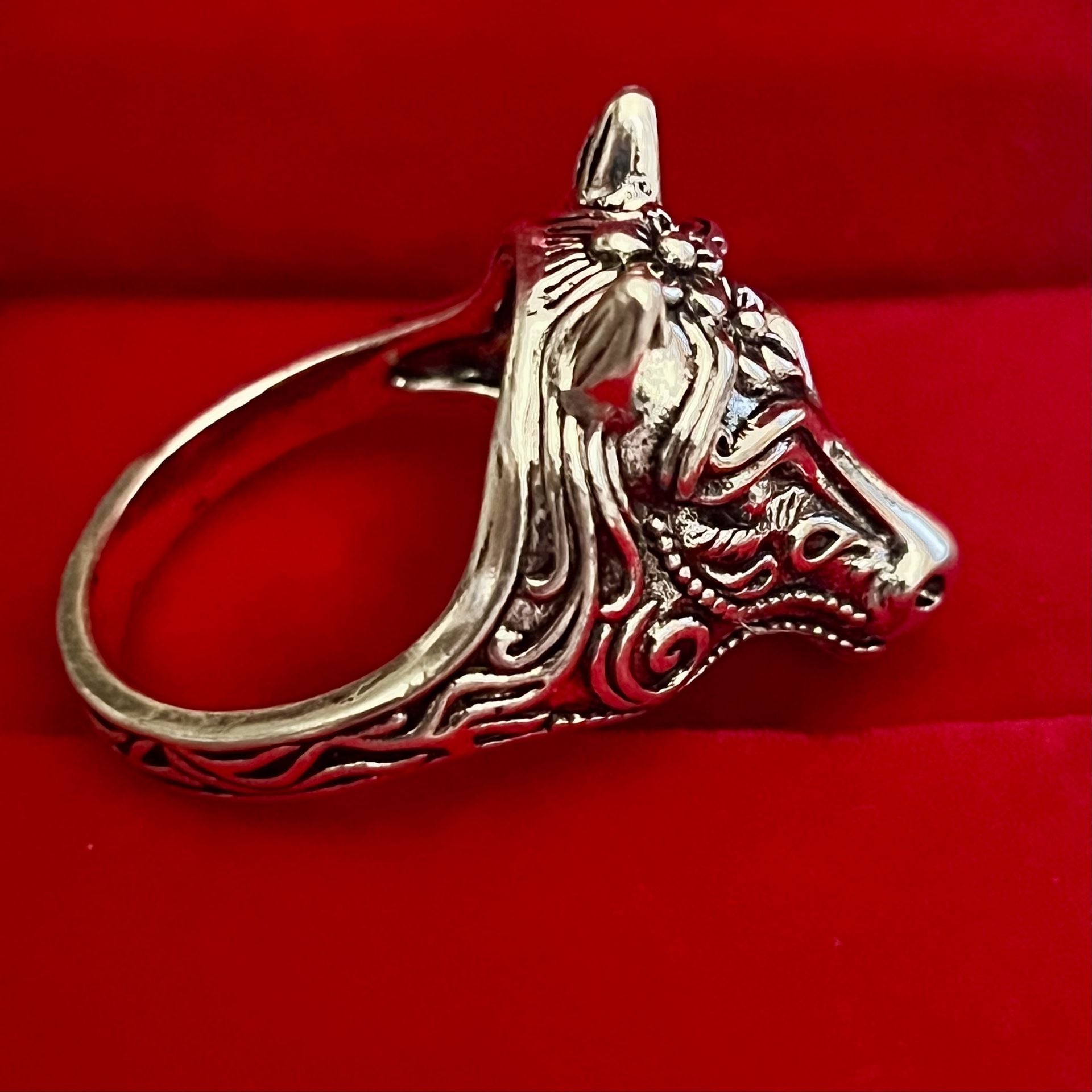 Vintage Design Titanium Steel Silver Horse Floral Head Ring Size 9 6