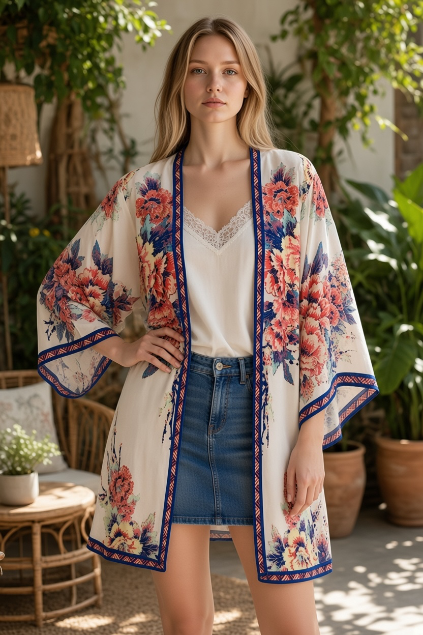 Flying Tomato Floral Kimono Size S/M Rayon Long Cardigan 5