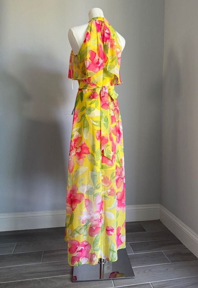 Eliza J Halter Maxi Dress Size 2 Yellow Floral Chiffon 7