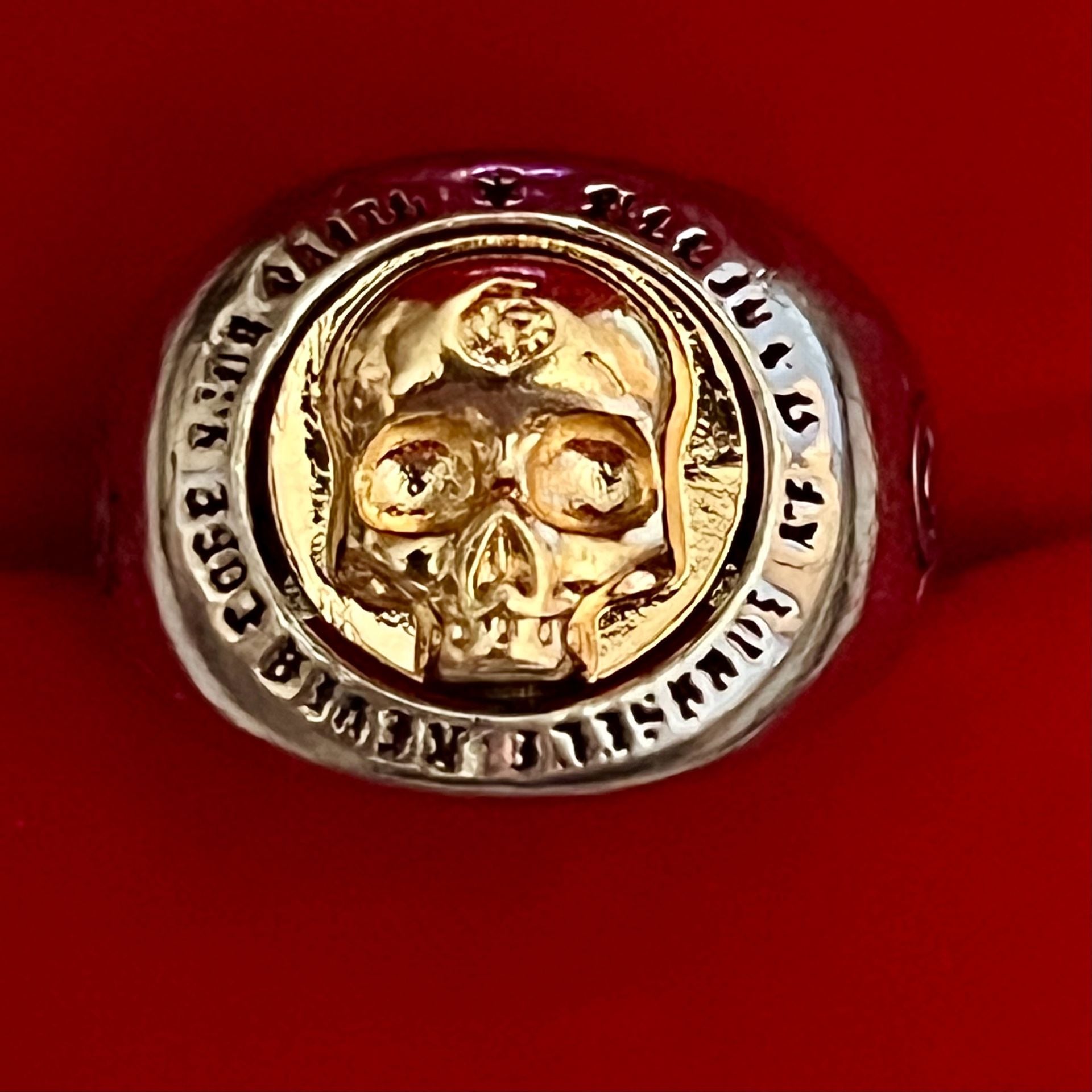 Gothic Titanium Steel Silver Skull Signet Ring with Gold Tone Center Size 9 2