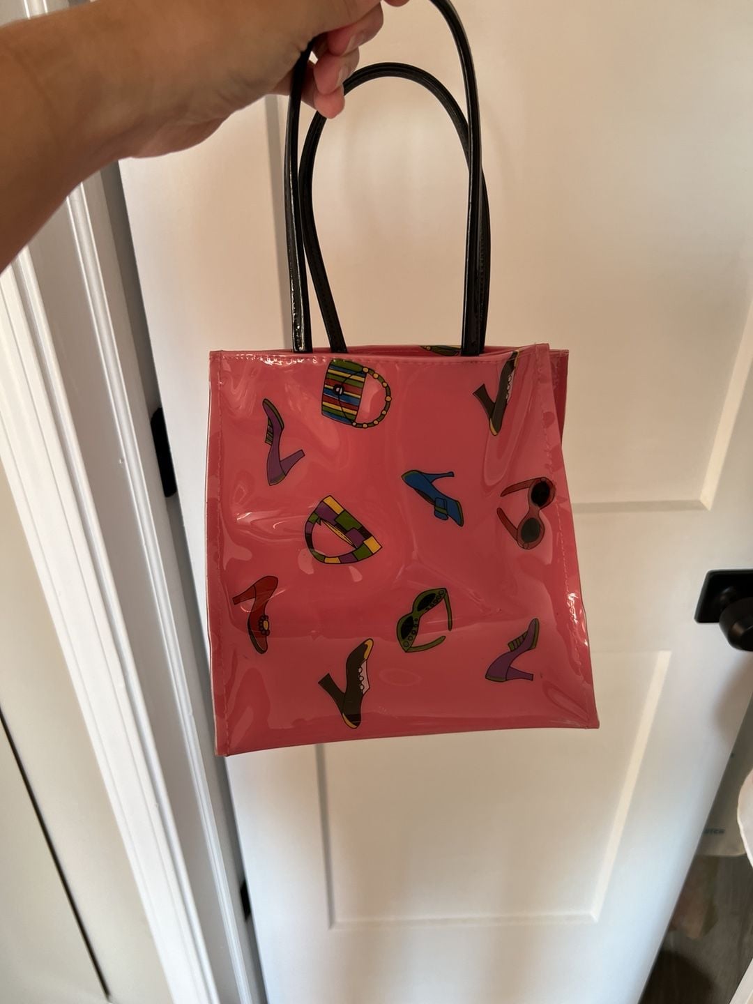 Bloomingdale's Pink Patent Leather Fashion Print Mini Tote Bag 5