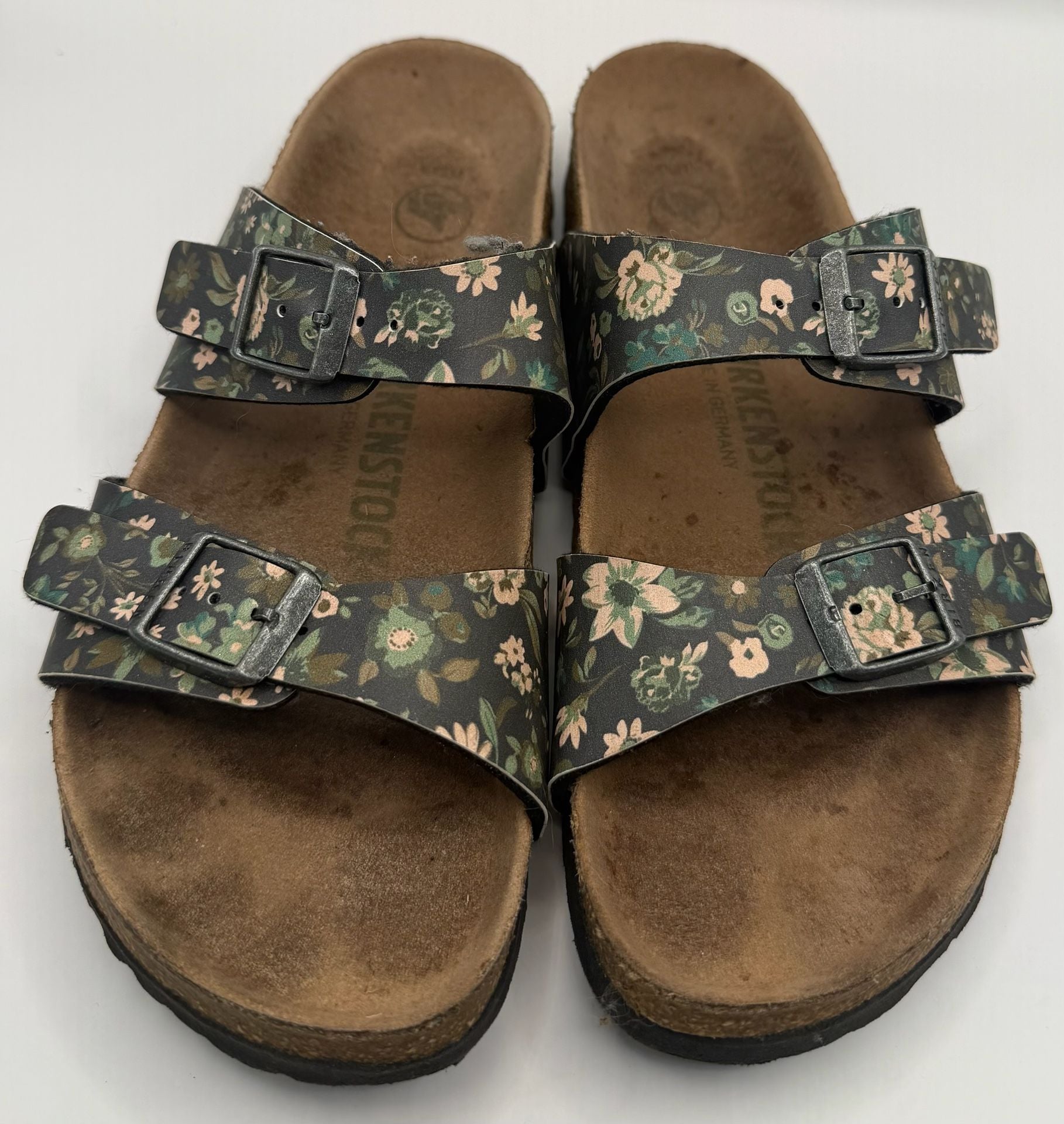Birkenstock Arizona Sandals Size 37 Floral Black Leather 2