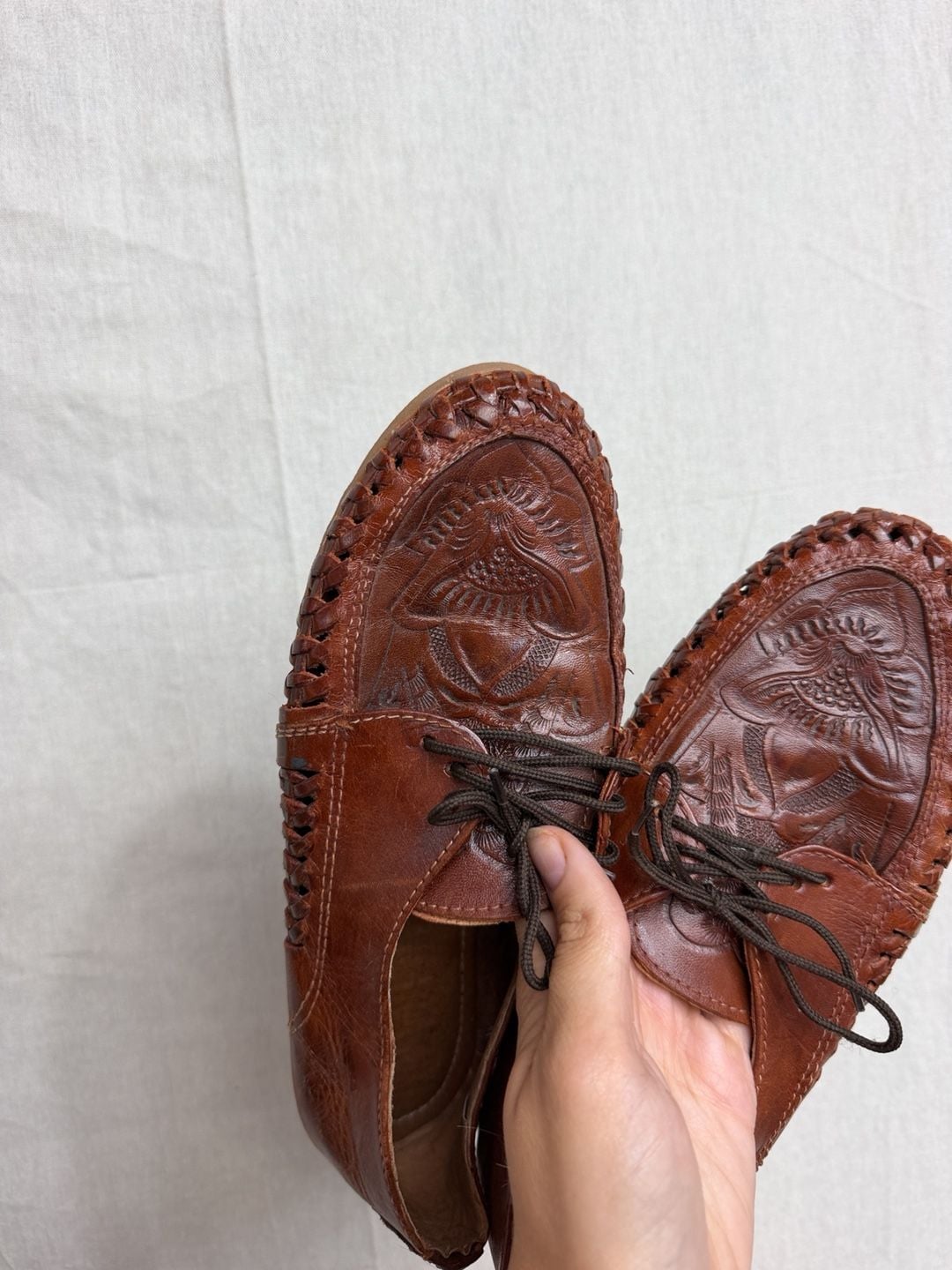 Vintage Tooled Leather Huarache Oxford Shoes Brown 3