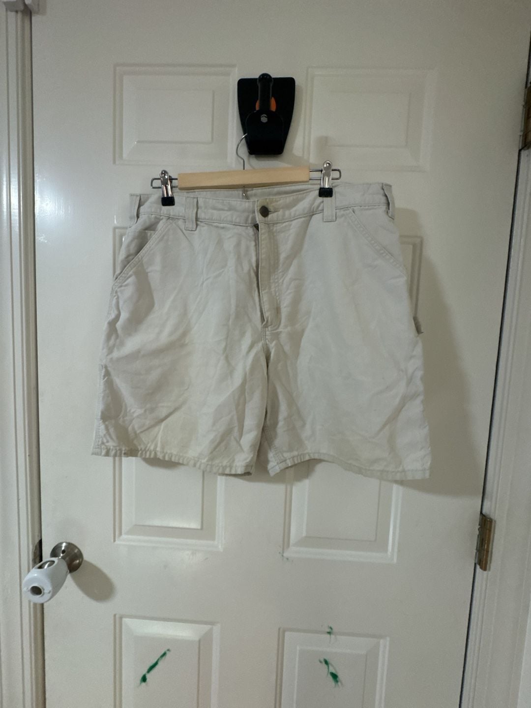 Carhartt B144 Carpenter Shorts Size 38 Cream Original Fit Canvas - Leather Patch 2