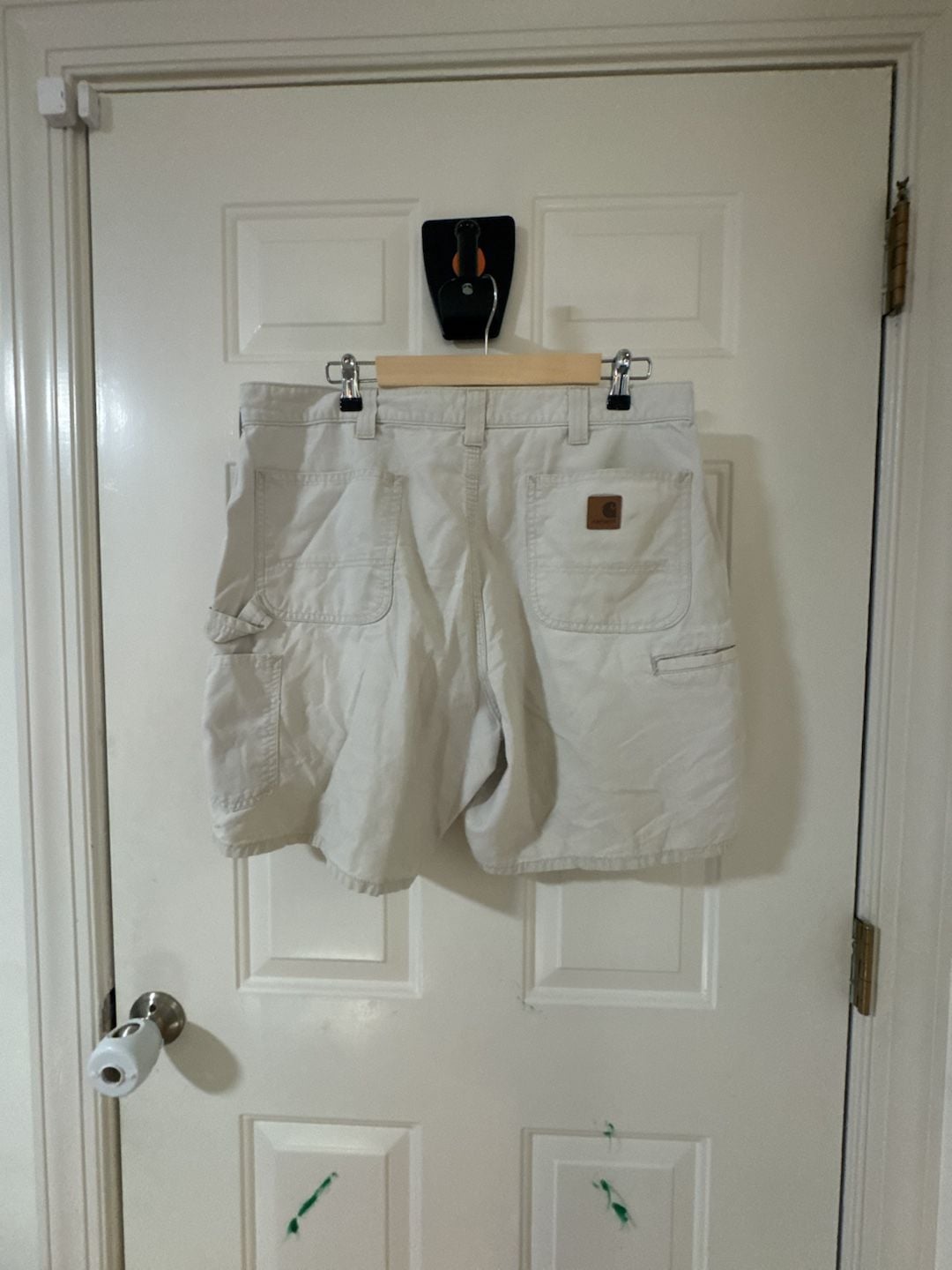Carhartt B144 Carpenter Shorts Size 38 Cream Original Fit Canvas - Leather Patch 3