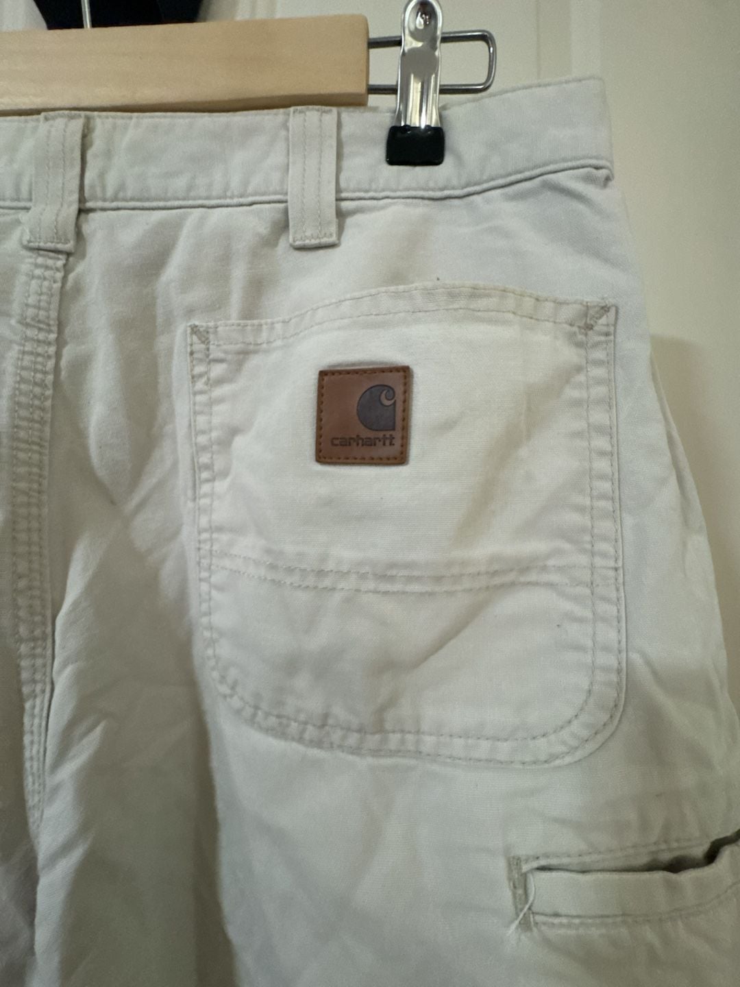 Carhartt B144 Carpenter Shorts Size 38 Cream Original Fit Canvas - Leather Patch 4