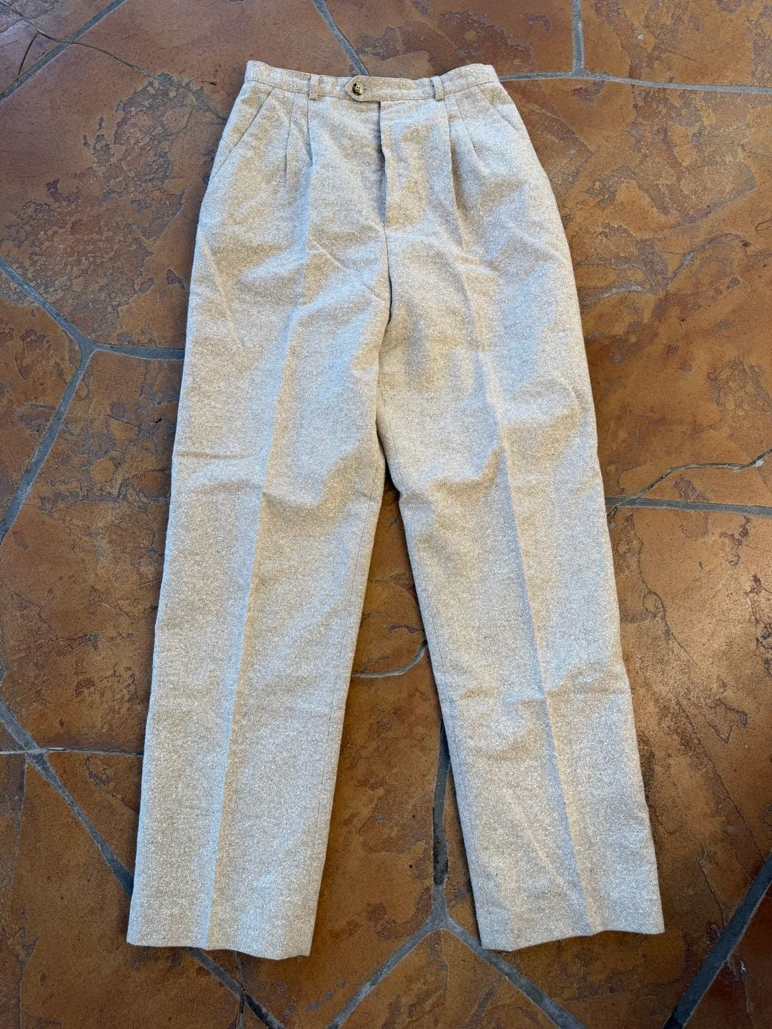 Vintage Espresso 80s Pleated Tweed Trousers Neutral Beige Wool Blend 2