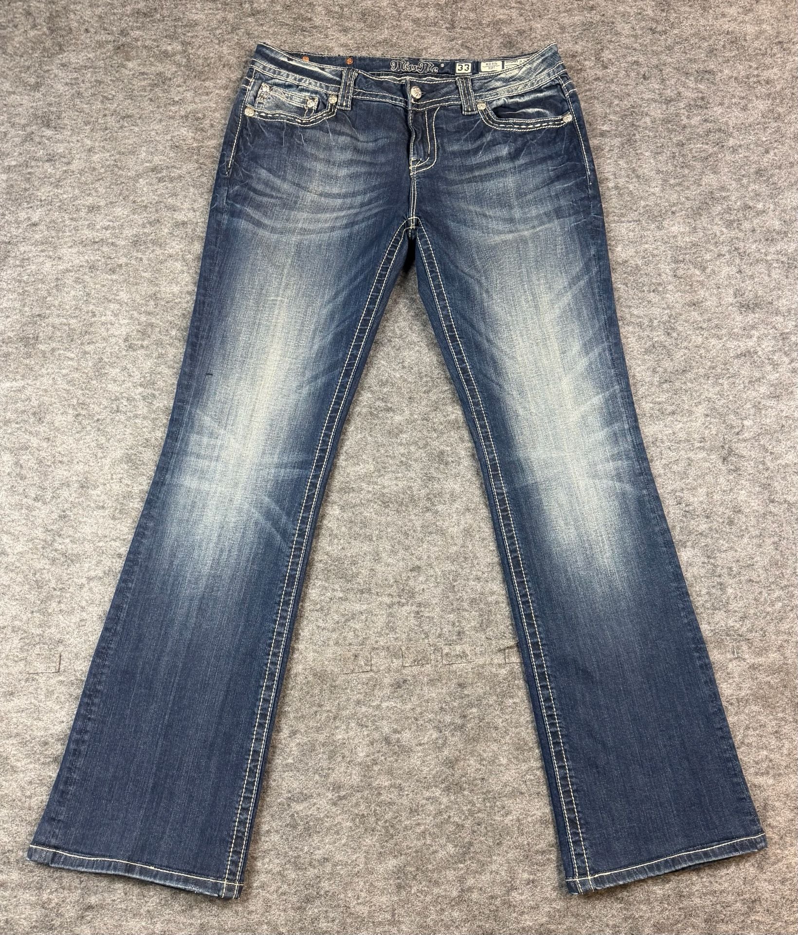 Miss Me Mid-Rise Bootcut Jeans Size 33x32 Dark Wash Rhinestone Embellished 3