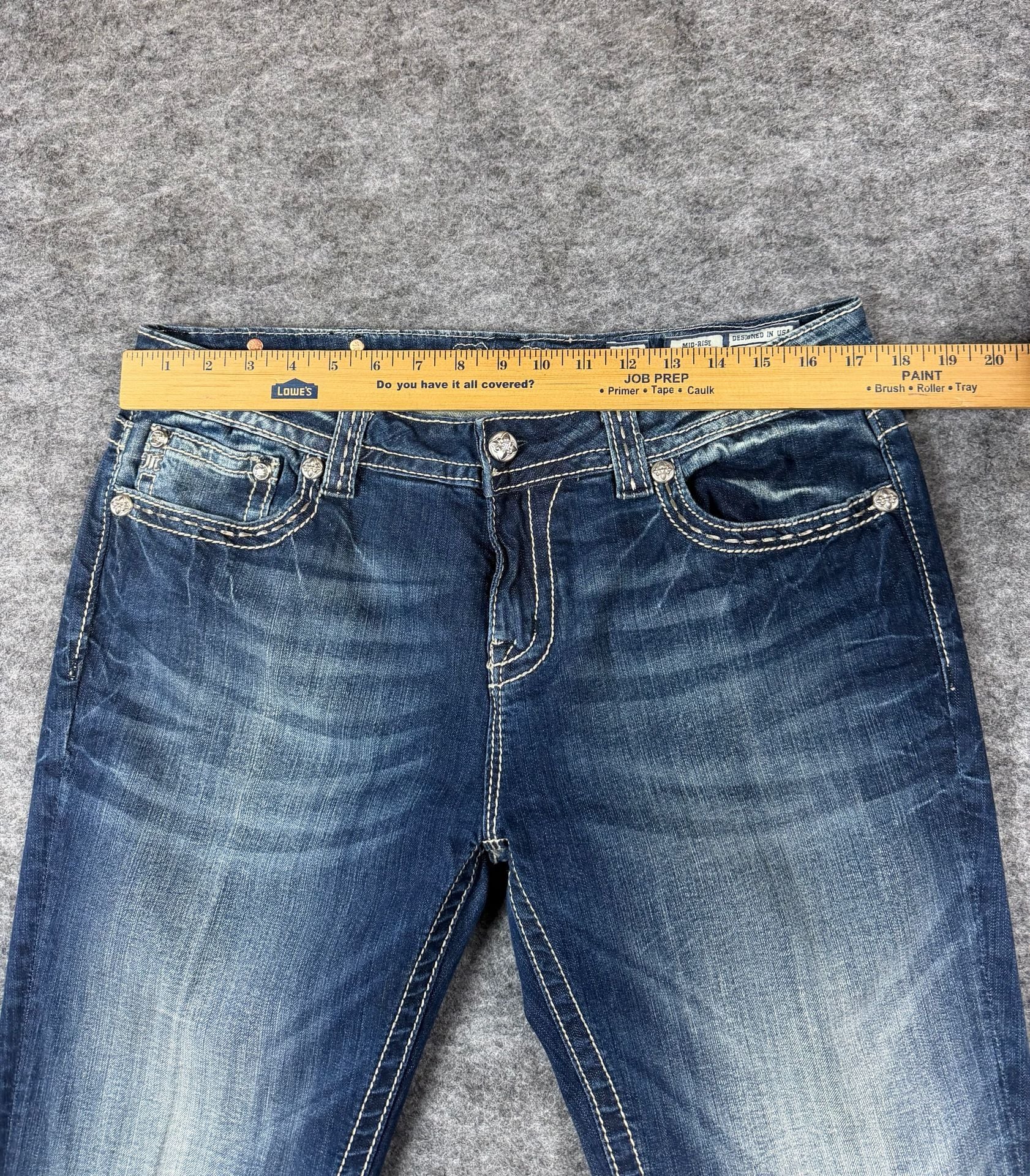 Miss Me Mid-Rise Bootcut Jeans Size 33x32 Dark Wash Rhinestone Embellished 7