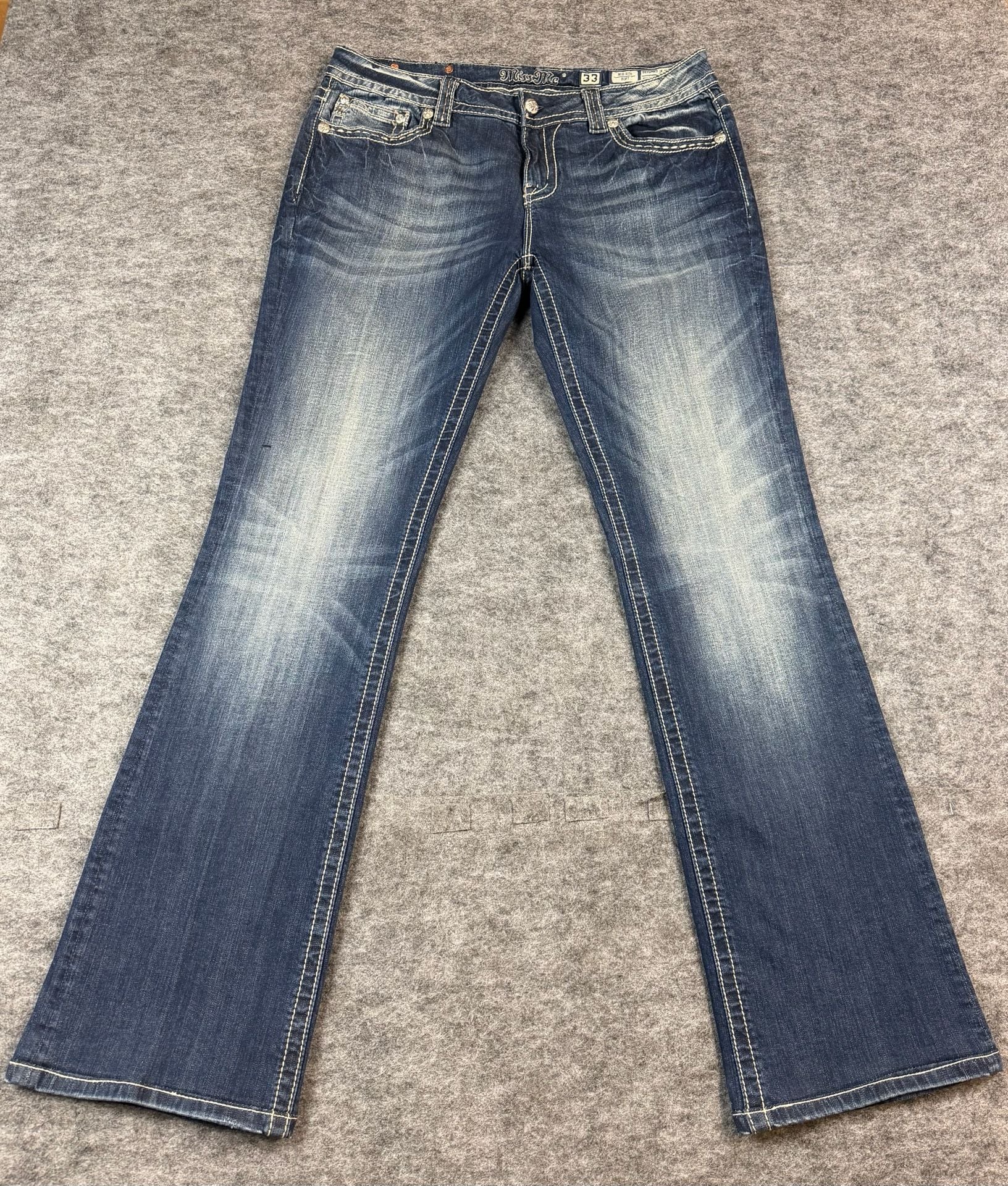 Miss Me Mid-Rise Bootcut Jeans Size 33x32 Dark Wash Rhinestone Embellished 10
