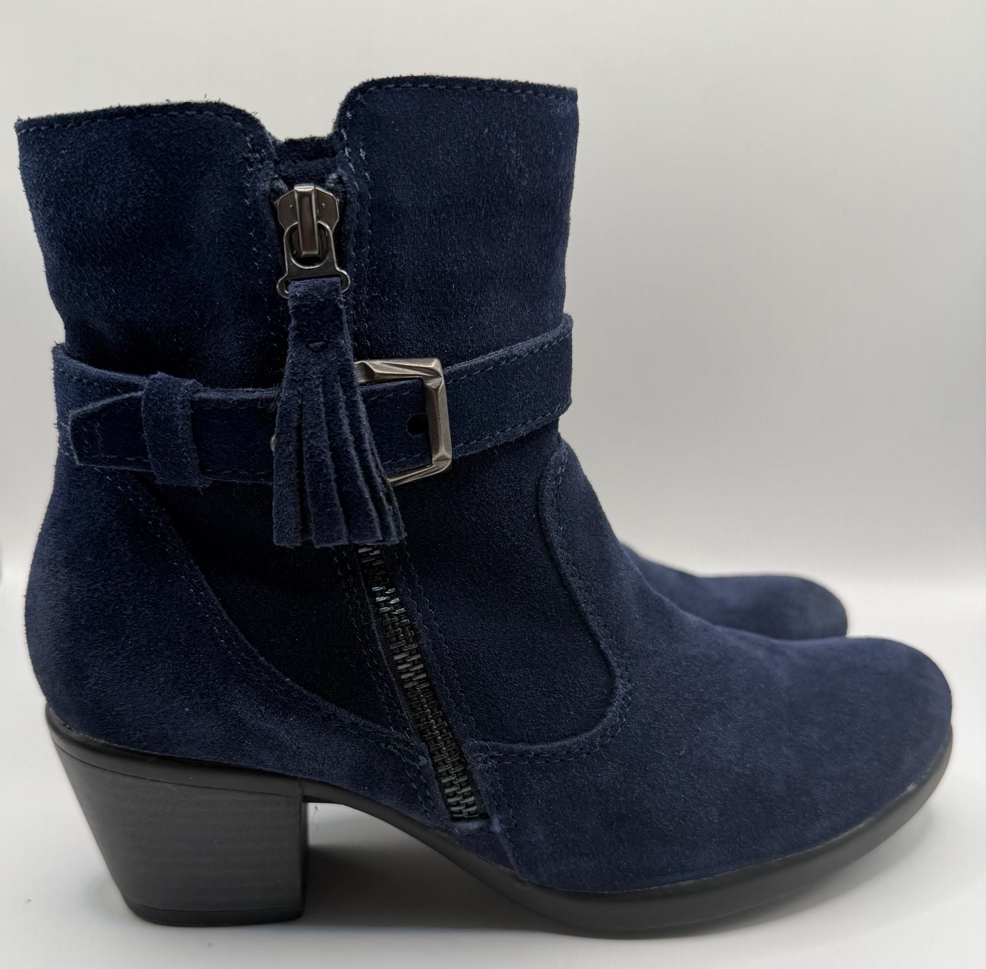 Earth Origins Blue Suede Ankle Boots Booties Tassel Buckle 3