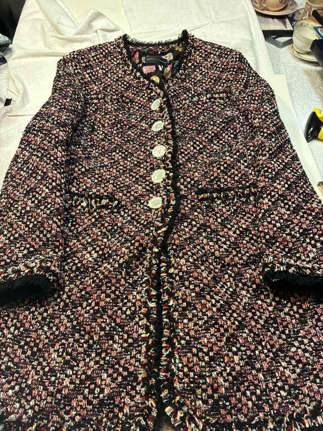 Rena Lange Tweed Blazer Multi Color Sequins Ruffle Trim Jacket 2