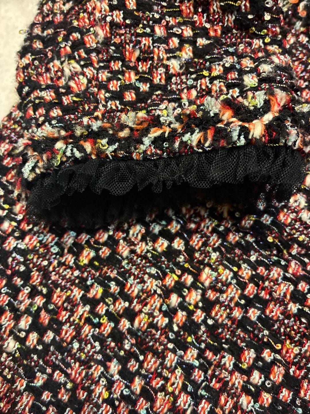 Rena Lange Tweed Blazer Multi Color Sequins Ruffle Trim Jacket 6