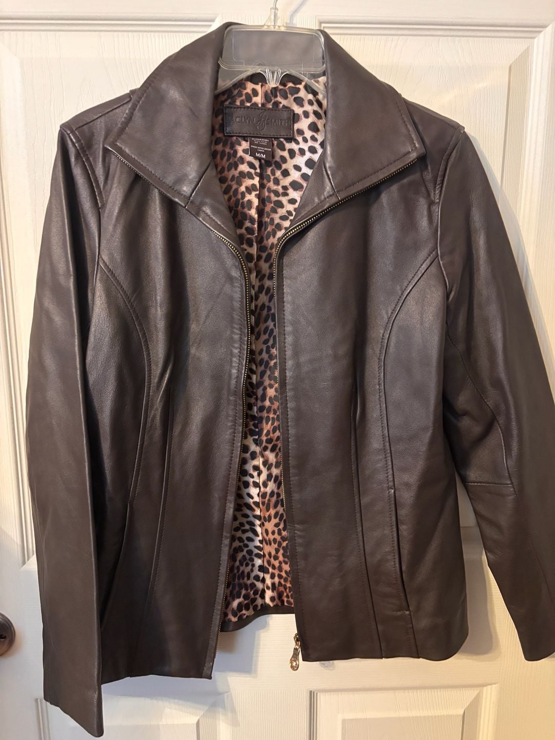 Jaclyn Smith Leather Jacket Size M Brown Cheetah Lining 6