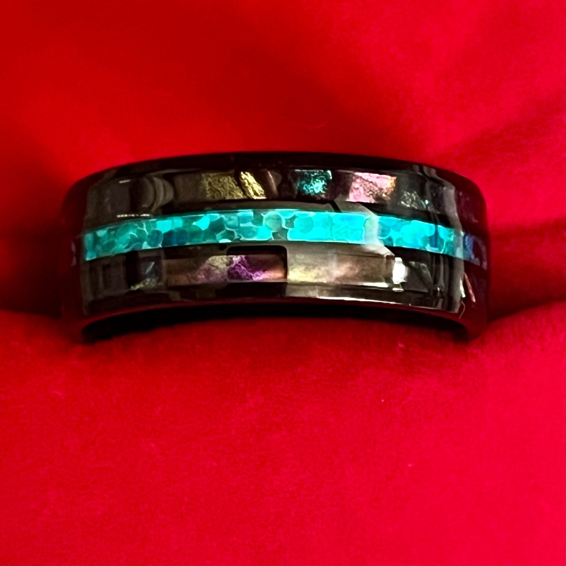 Tungsten Black Ring with Turquoise Opal Inlay and Abalone Shell Size 11 1