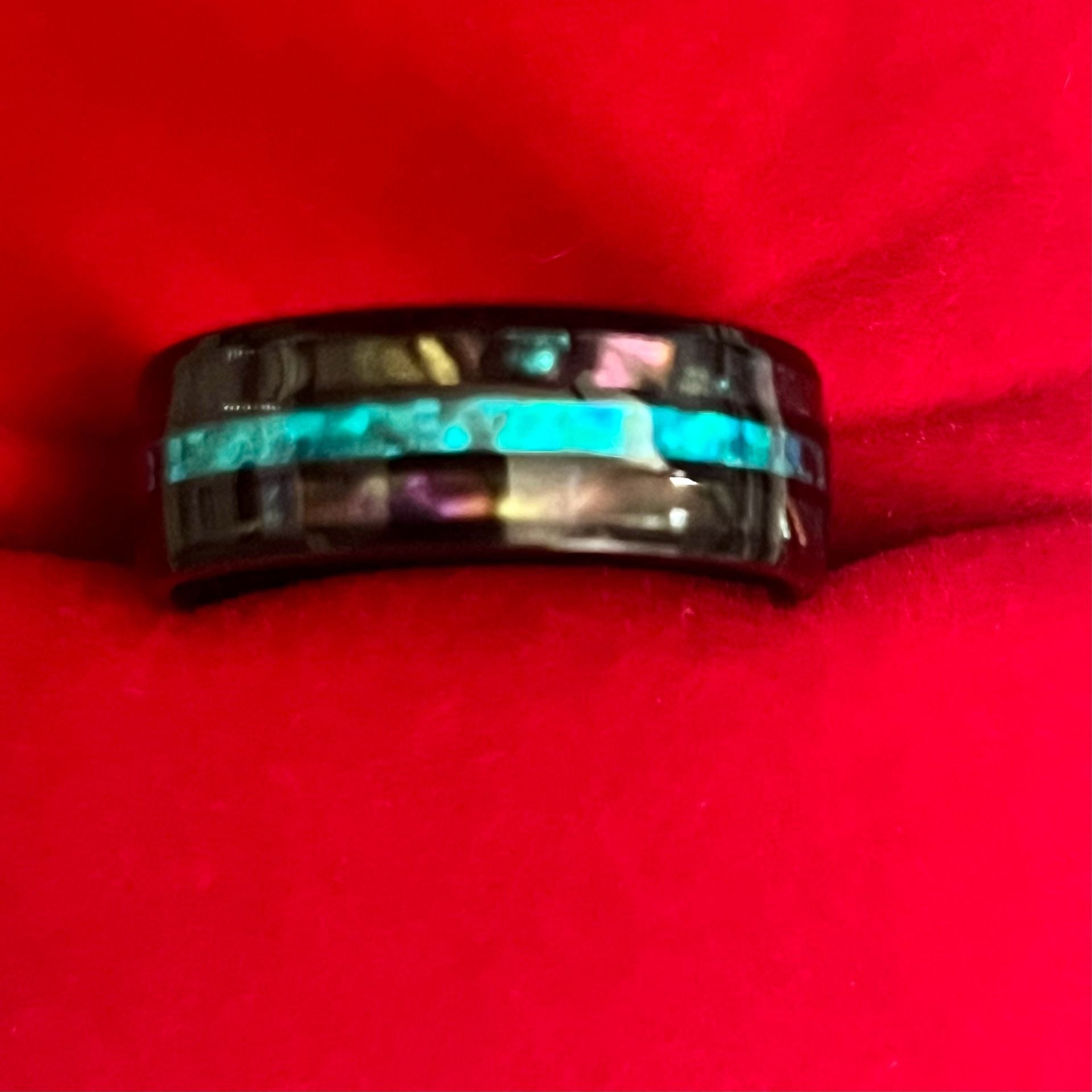 Tungsten Black Ring with Turquoise Opal Inlay and Abalone Shell Size 11 2