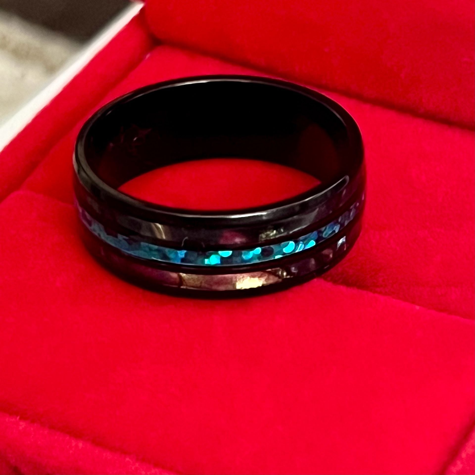 Tungsten Black Ring with Turquoise Opal Inlay and Abalone Shell Size 11 3