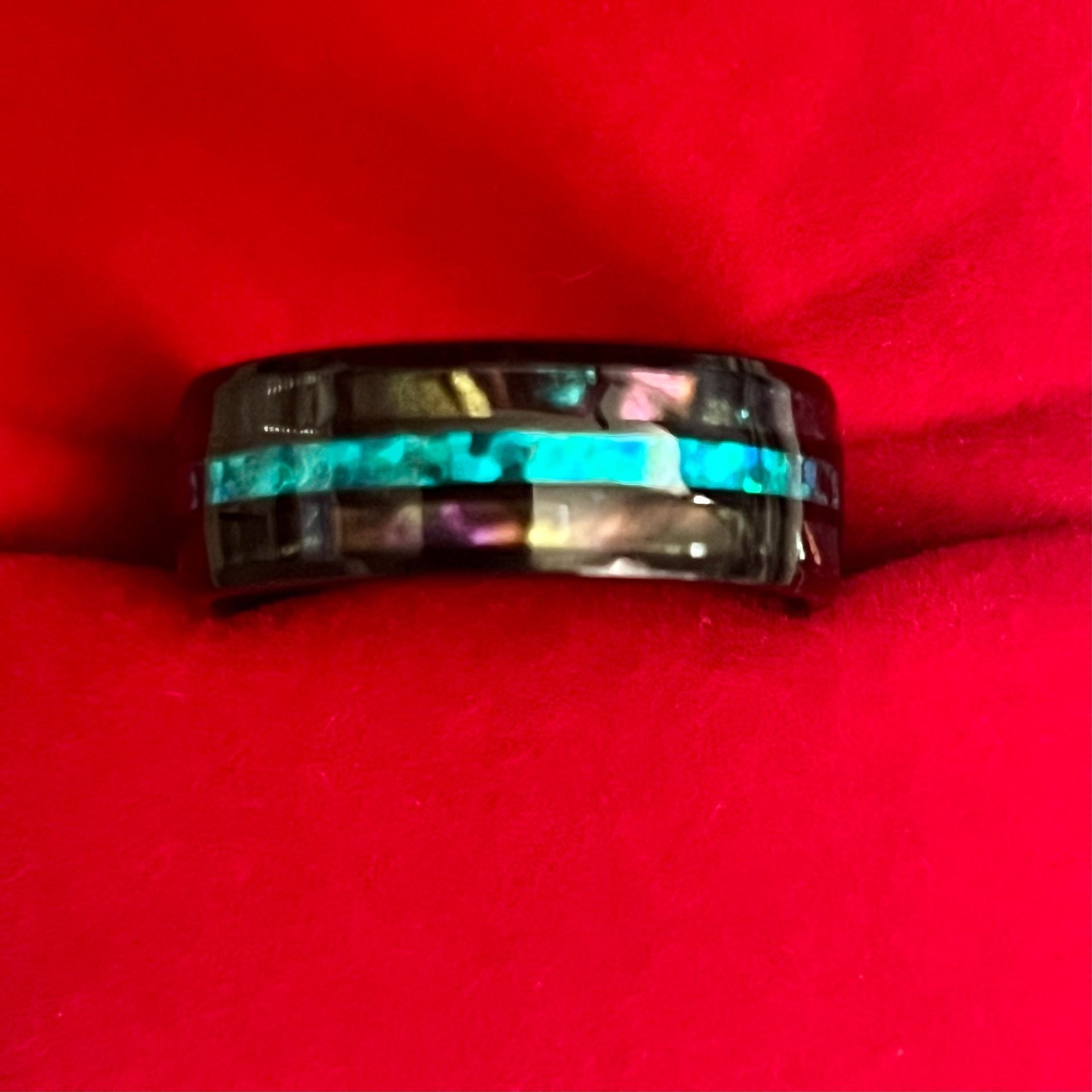 Tungsten Black Ring with Turquoise Opal Inlay and Abalone Shell Size 11 4