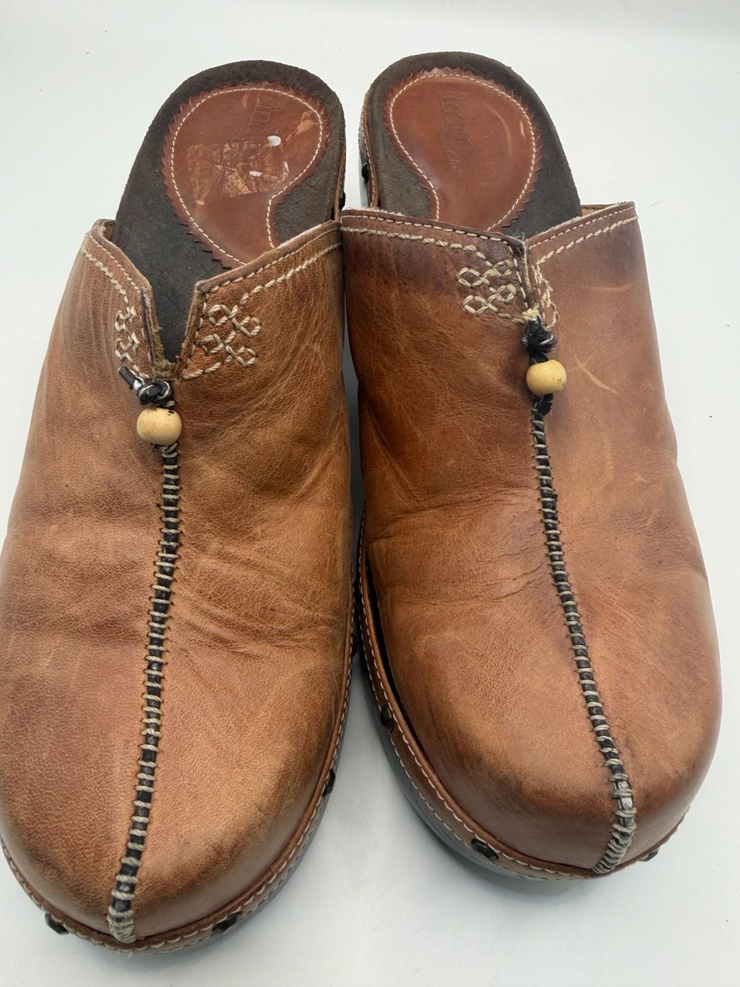 Indigo by Clarks Leather Clogs Size 9M Brown Wood Studded 9