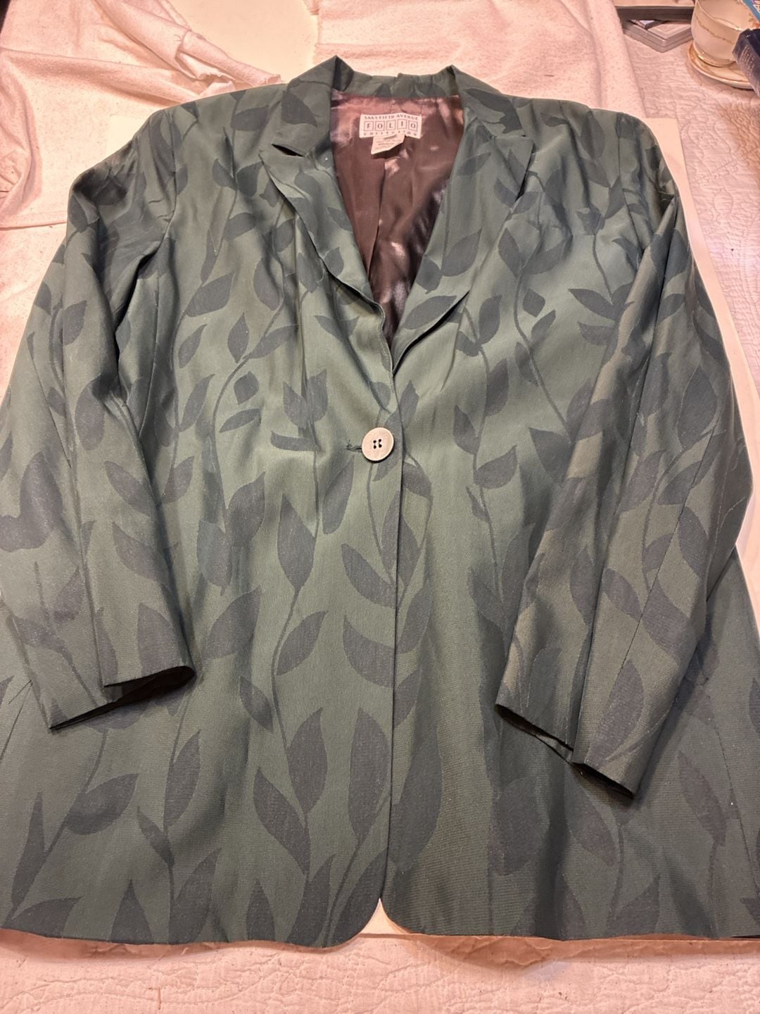 Saks Fifth Avenue Folio Collection Blazer Size 12 Green Leaf Jacquard 2