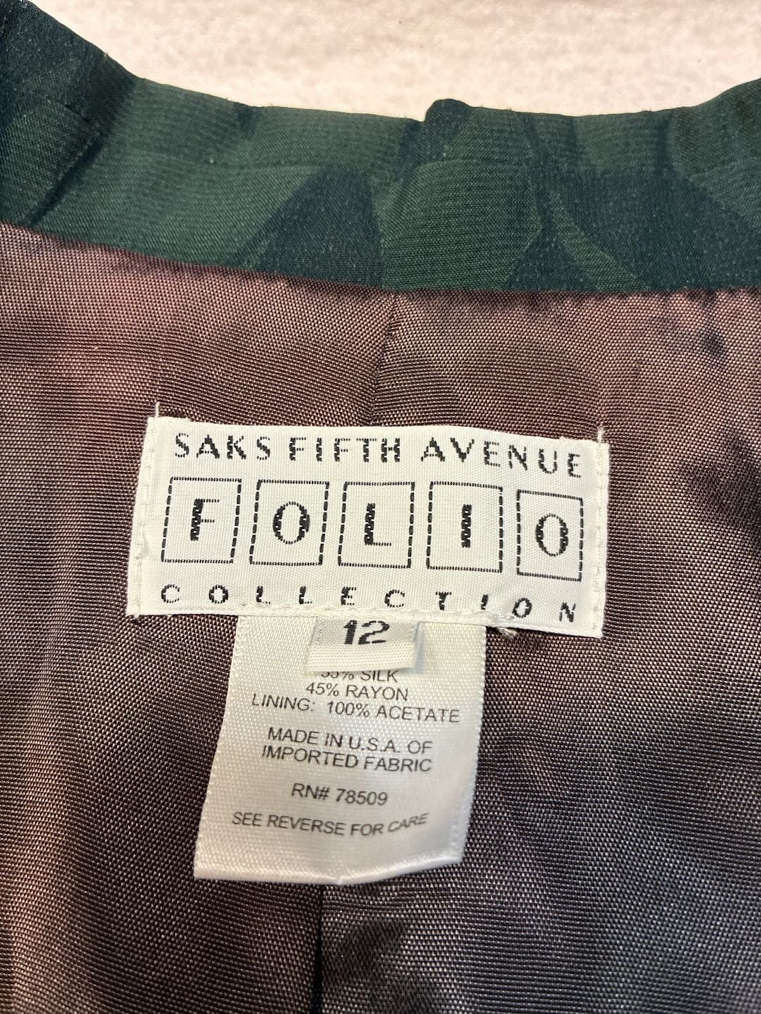 Saks Fifth Avenue Folio Collection Blazer Size 12 Green Leaf Jacquard 5