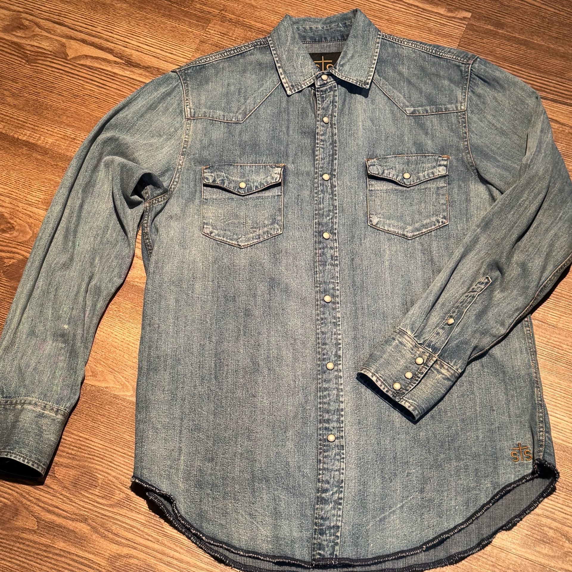 STS Ranchwear Men’s S Denim Pearl Snap Western Shirt Distressed Cowboy Ranch 3