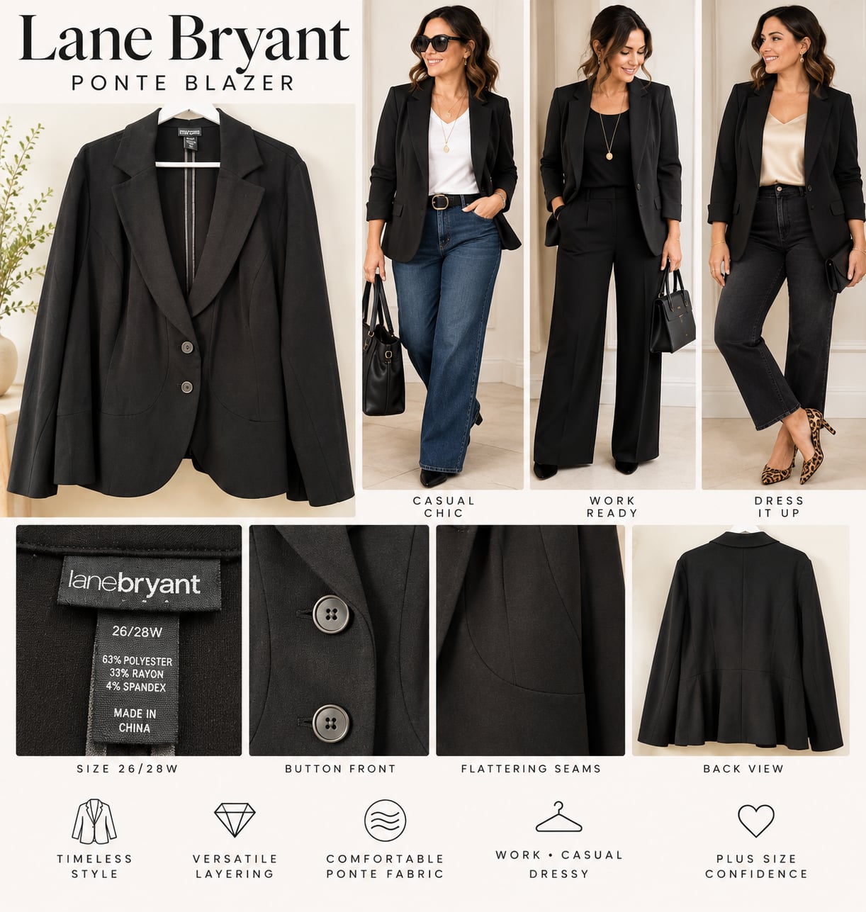 Lane Bryant Blazer Size 26/28W Black Ponte Peplum Jacket 2