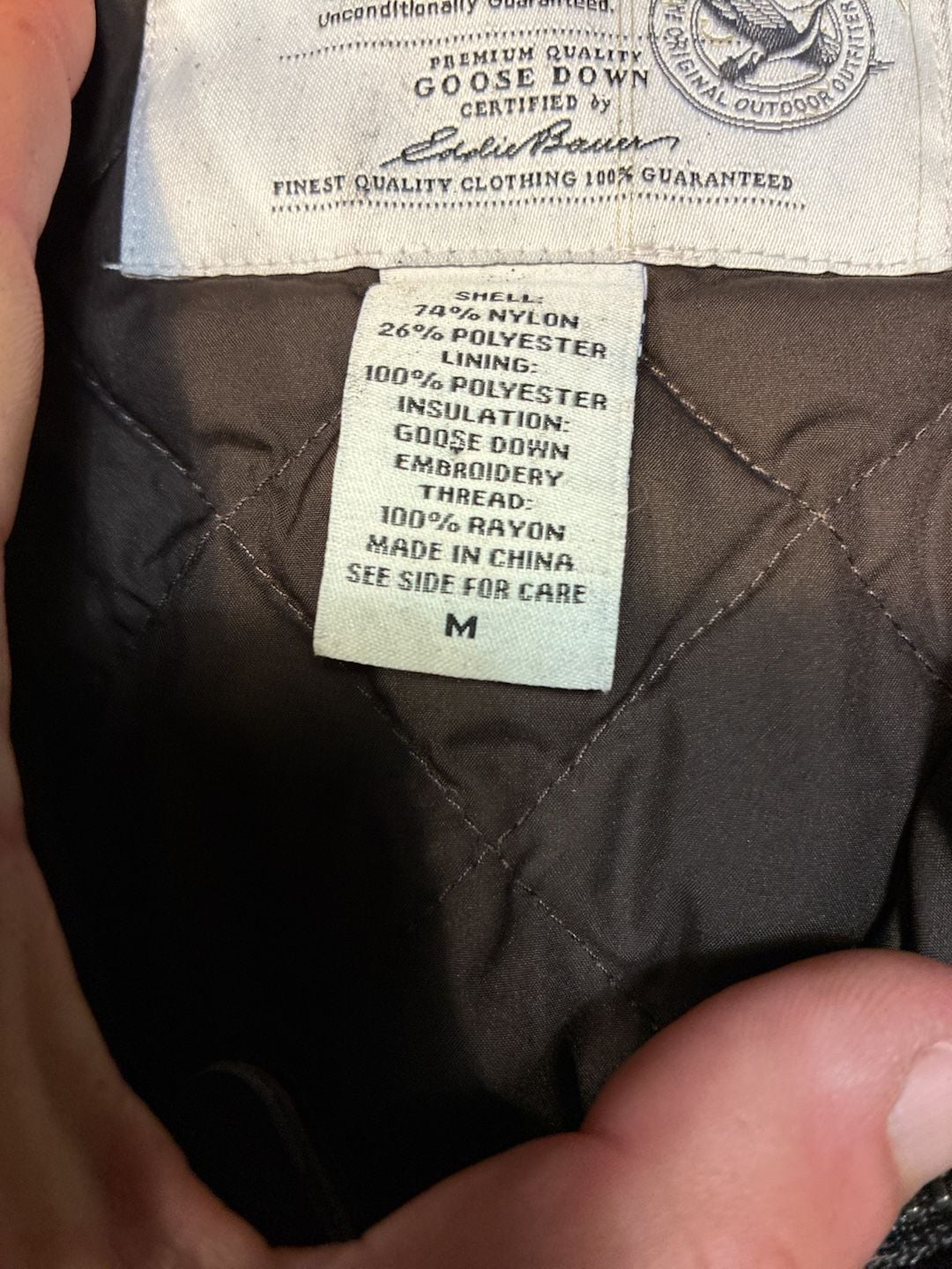 Eddie Bauer Quilted Goose Down Vest Size M Brown Embroidered 8