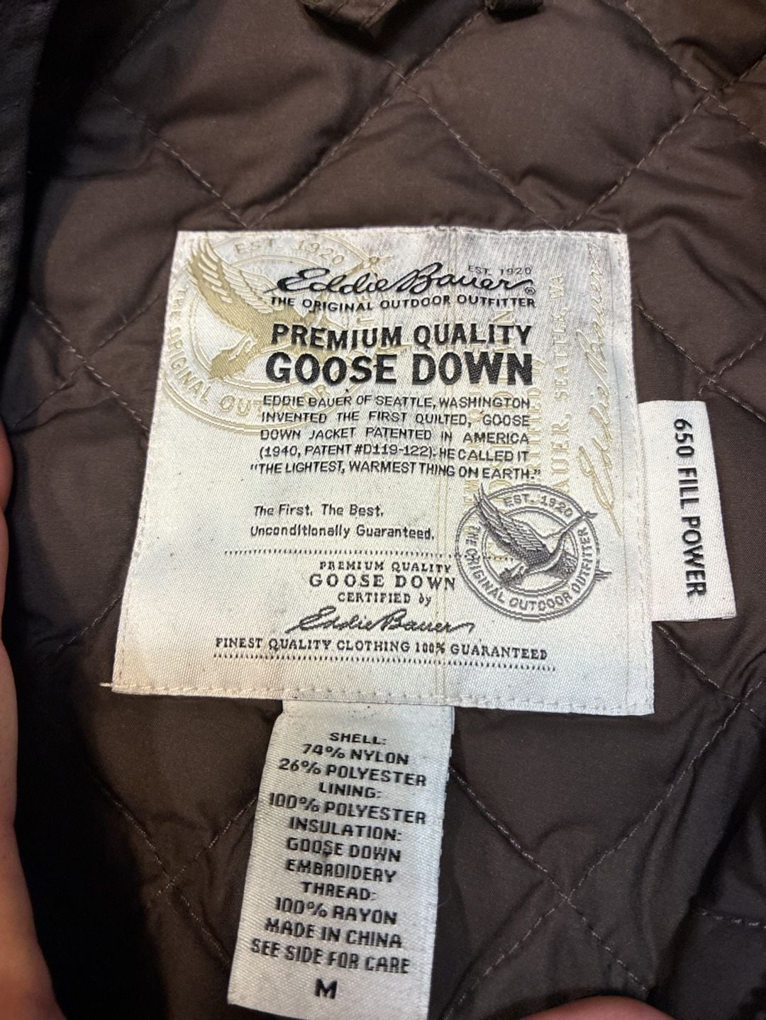 Eddie Bauer Quilted Goose Down Vest Size M Brown Embroidered 7