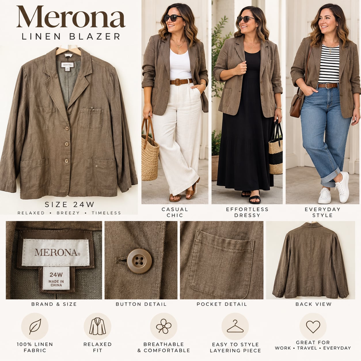 Merona Blazer Size 24W Brown Linen Pocket Jacket 2