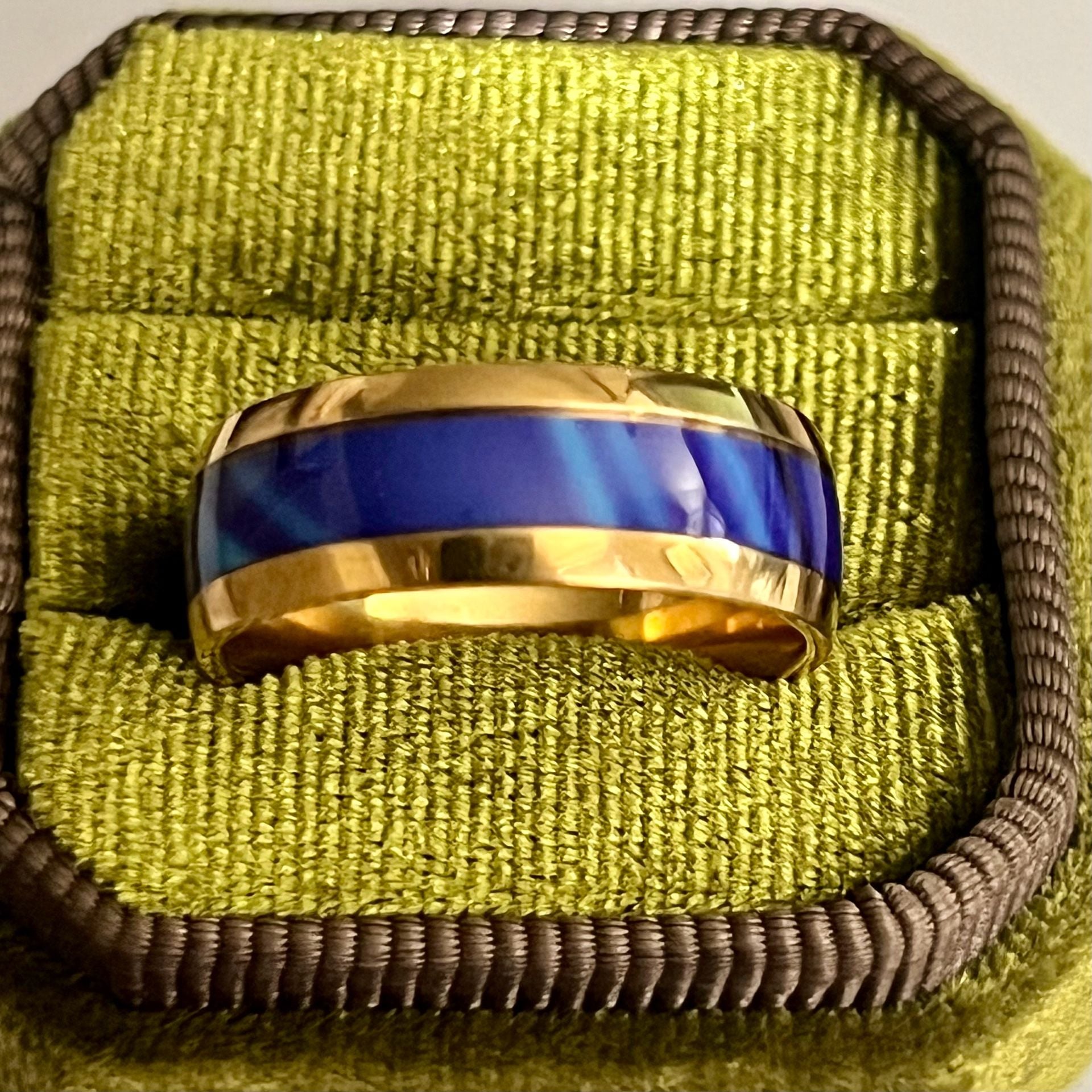 Tungsten Steel Men's High Polished Blue Marble Gold Plated Rims 8mm Ring 11 4