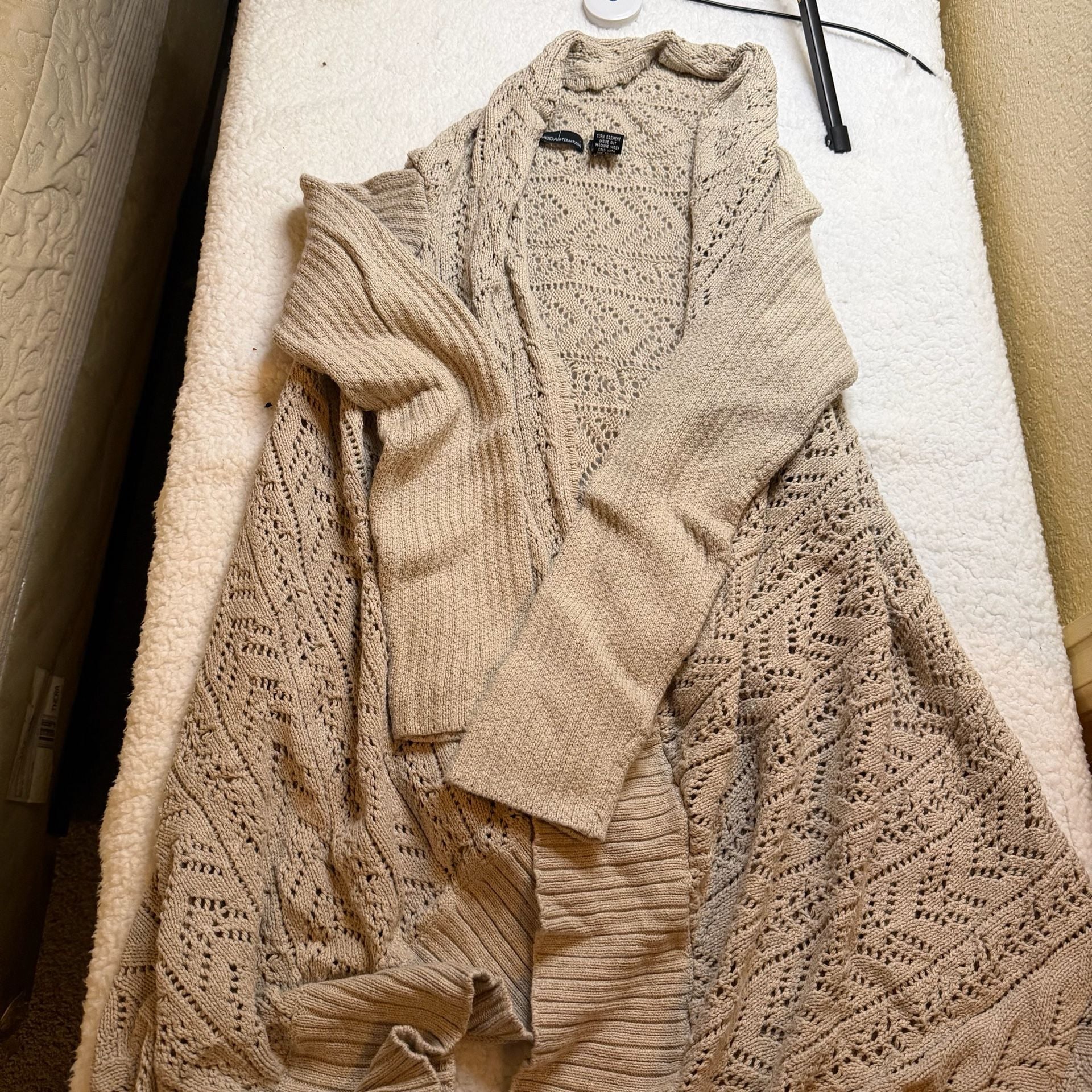 Moda International Cardigan Sweater Beige Open Knit Shawl Collar 1
