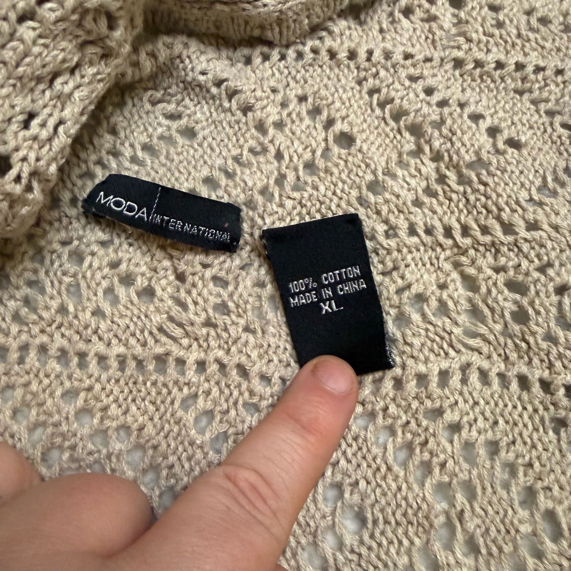 Moda International Cardigan Sweater Beige Open Knit Shawl Collar 2