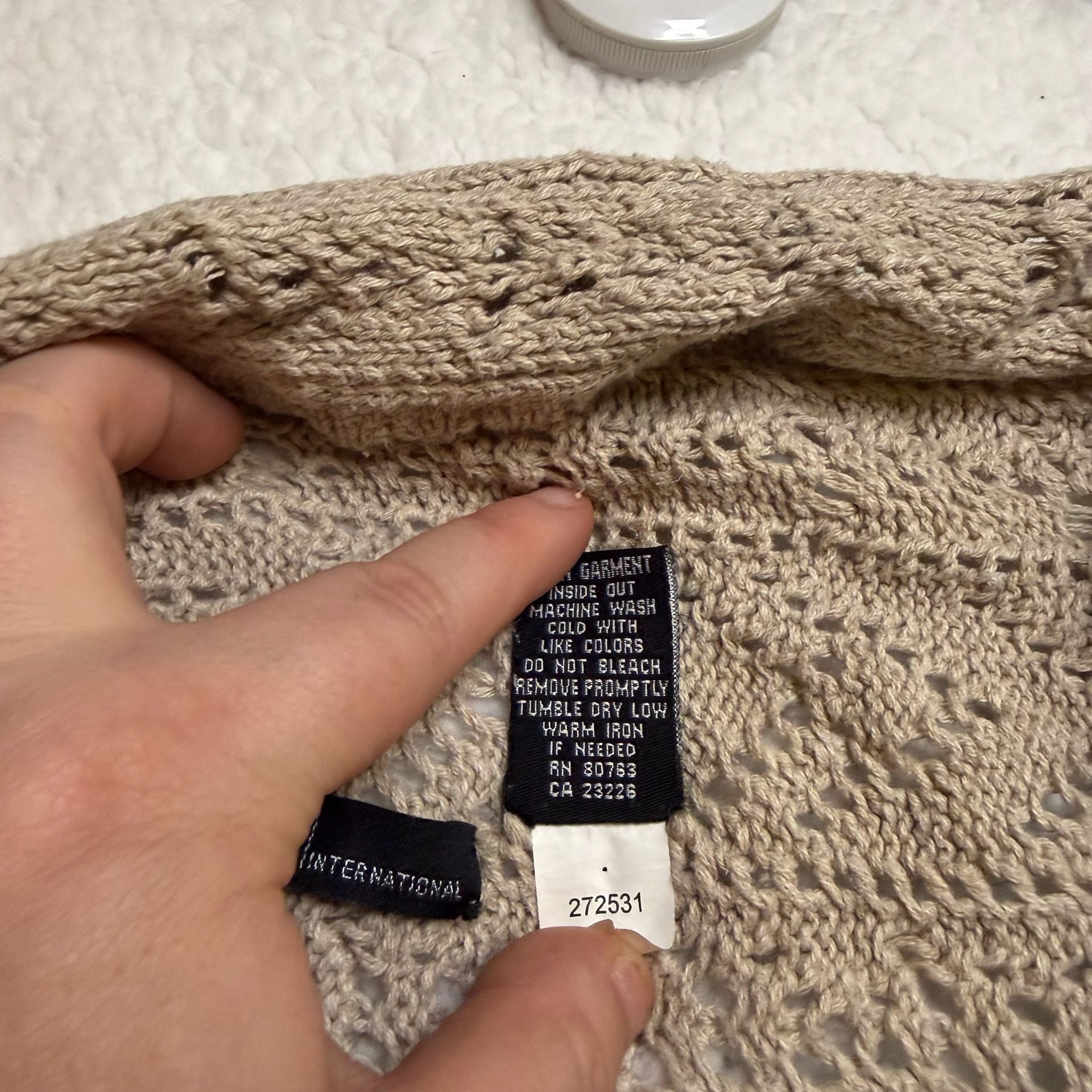 Moda International Cardigan Sweater Beige Open Knit Shawl Collar 3