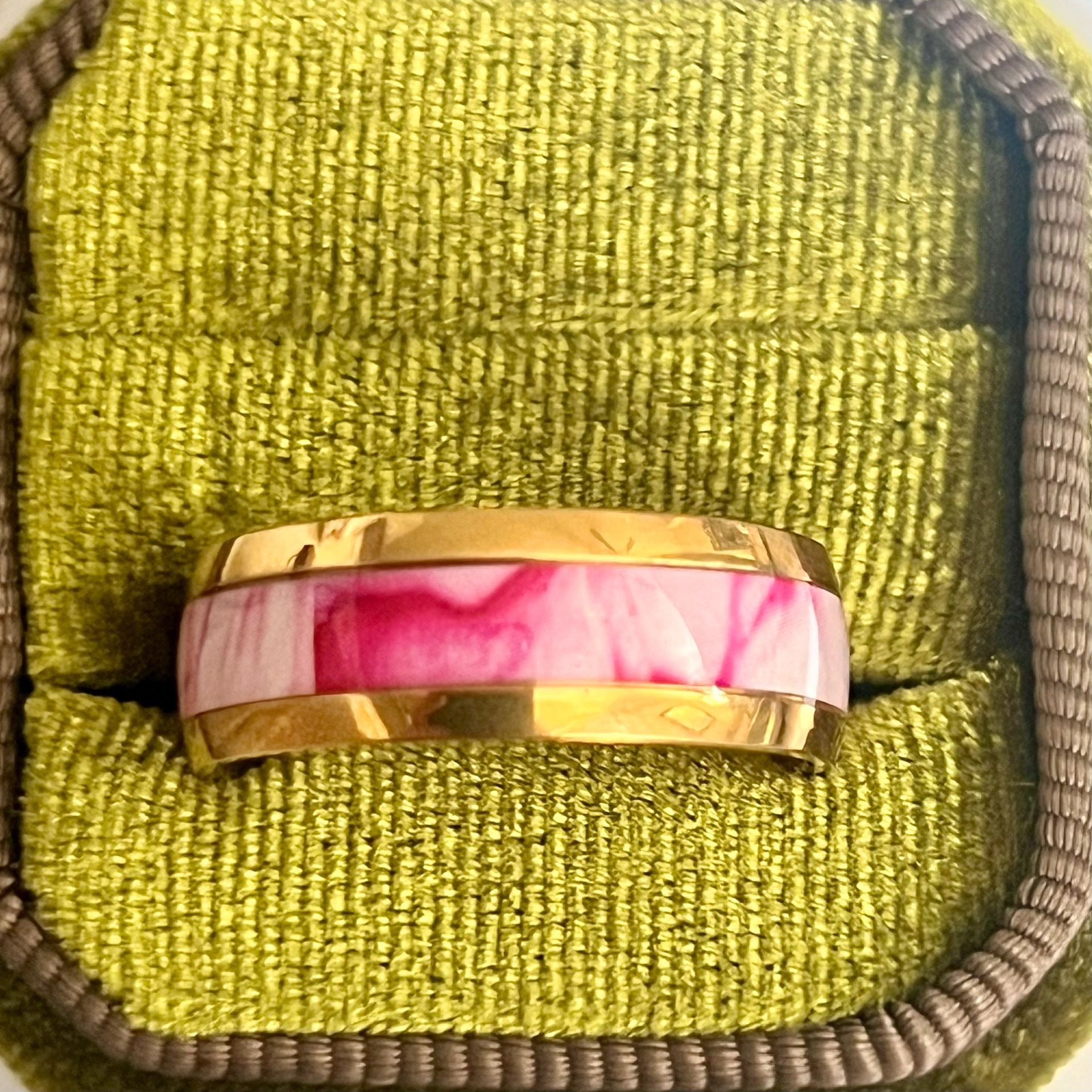 Tungsten Pink Abalone Shell Camo Inlay High Polished Shine 8mm Band Size 11 2