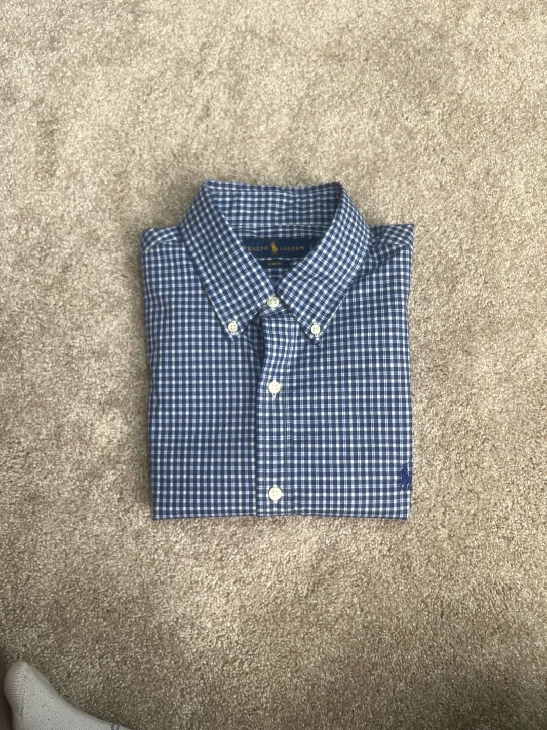 Ralph Lauren Button Down Shirt Size L Blue Gingham Slim Fit 12