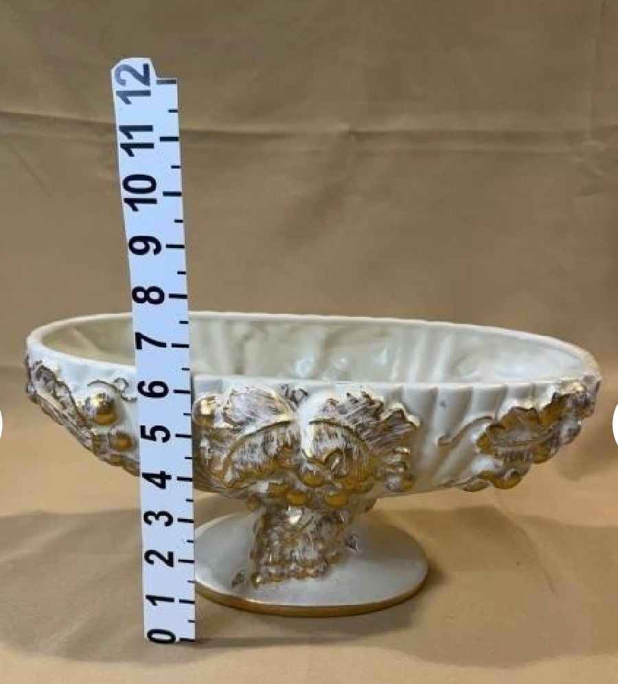 Vintage Haeger Gold Tweed 22K Gold Footed Console Bowl Grapes MCM 1950s 60s 3