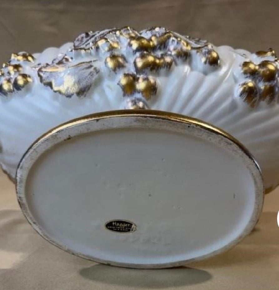 Vintage Haeger Gold Tweed 22K Gold Footed Console Bowl Grapes MCM 1950s 60s 6