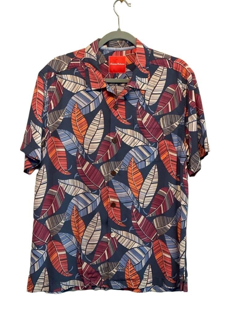 Tommy Bahama Mens Silk Hawaiian Shirt Medium Abstract Leaf Short Sleeve Cruise 2