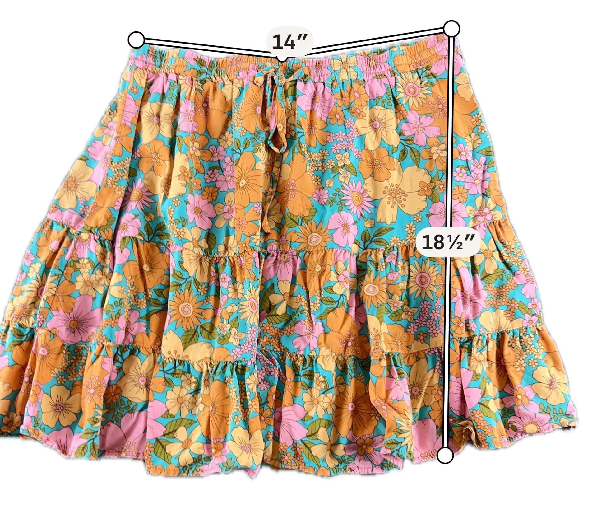 Paper Heart Floral Tiered Skirt Size L Orange Pink Turquoise Rayon 3