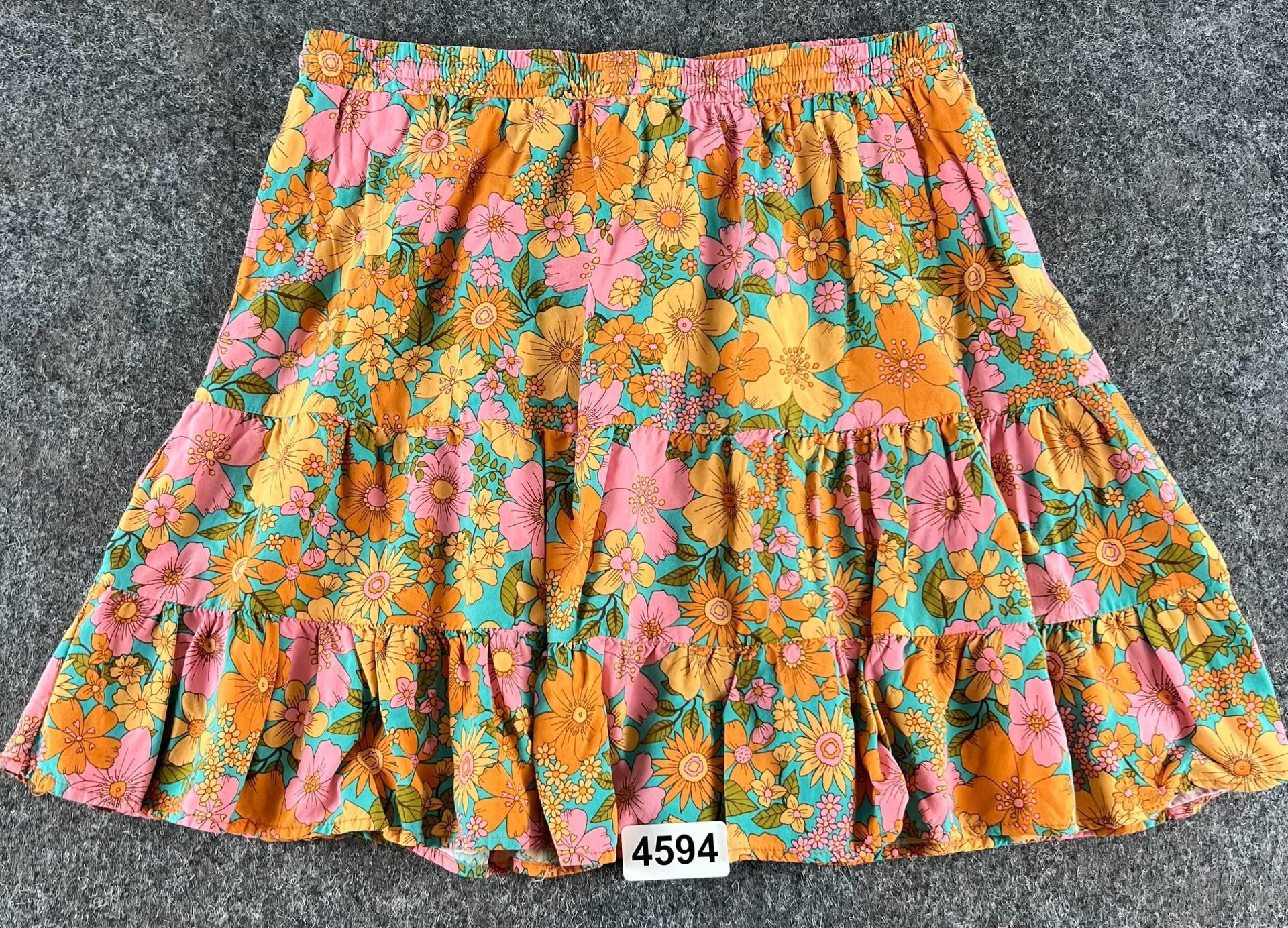 Paper Heart Floral Tiered Skirt Size L Orange Pink Turquoise Rayon 7