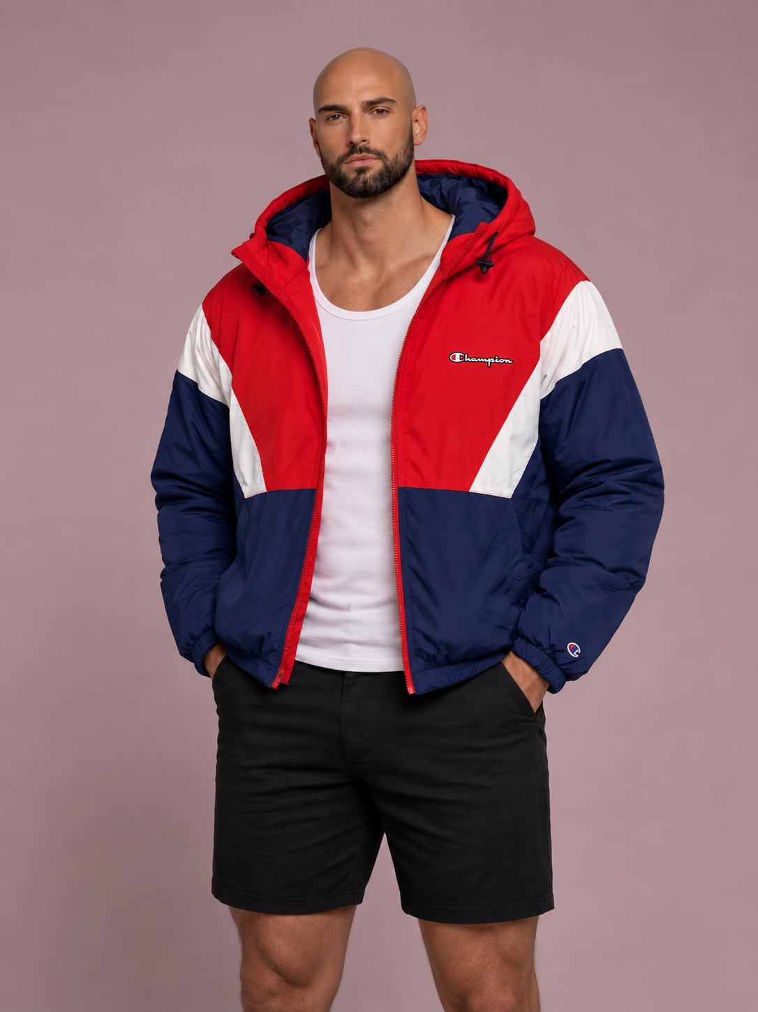 Champion Colorblock Quilted Hooded Jacket Red White Blue. Size Large  7