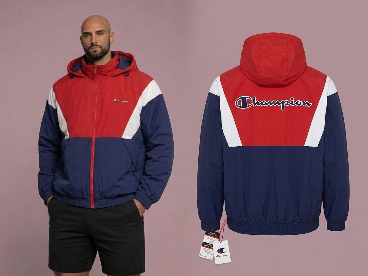 Champion Colorblock Quilted Hooded Jacket Red White Blue. Size Large  8